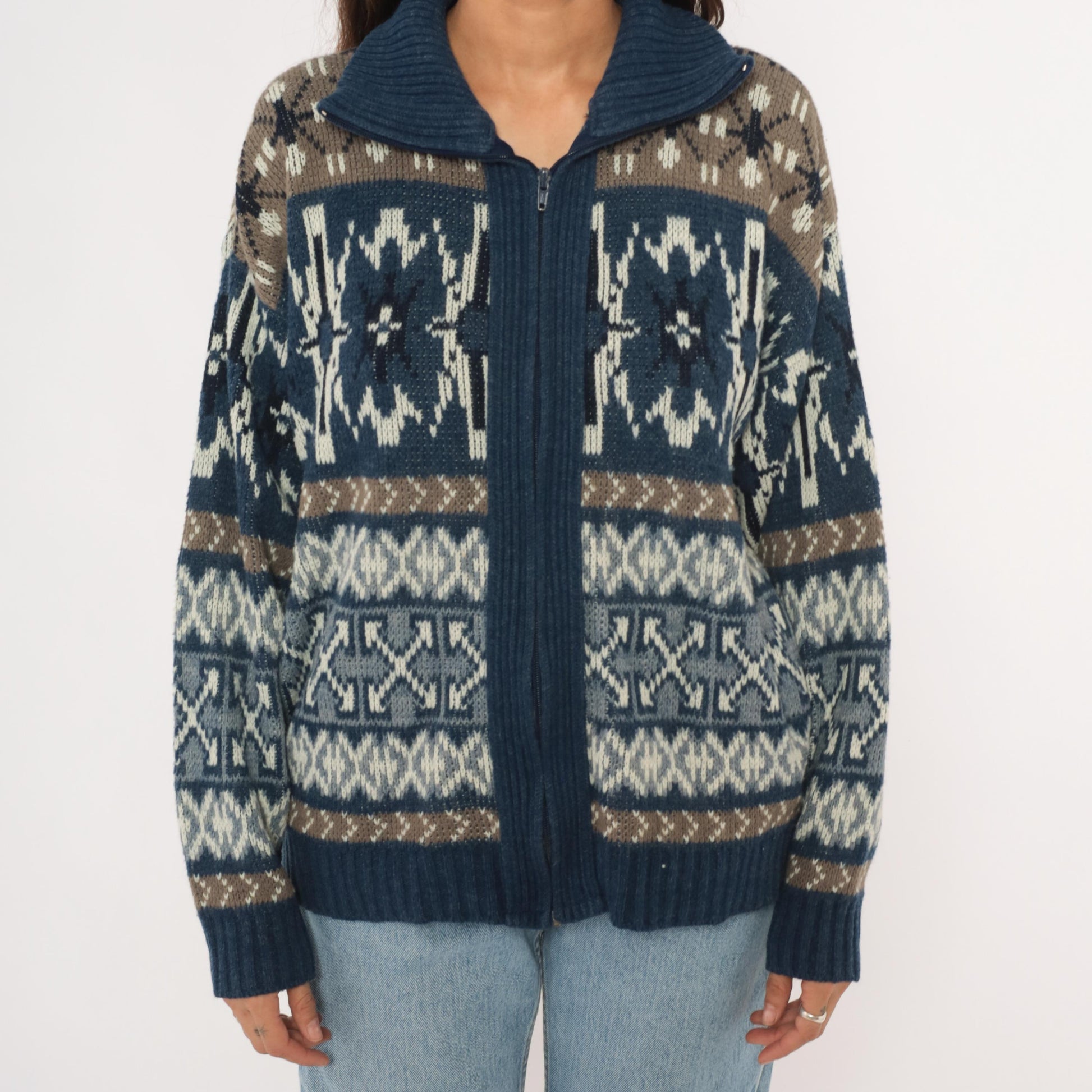 80s London Fog Fair Isle Zip Cardigan Navy Taupe Cream Snowflake Medium