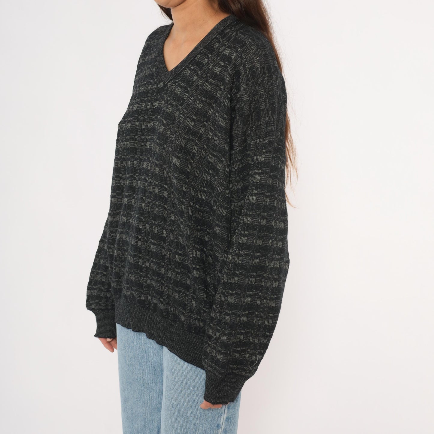 90s Tricots St Raphael Charcoal V-Neck Wool Sweater Checkerboard Knit Extra Large XL