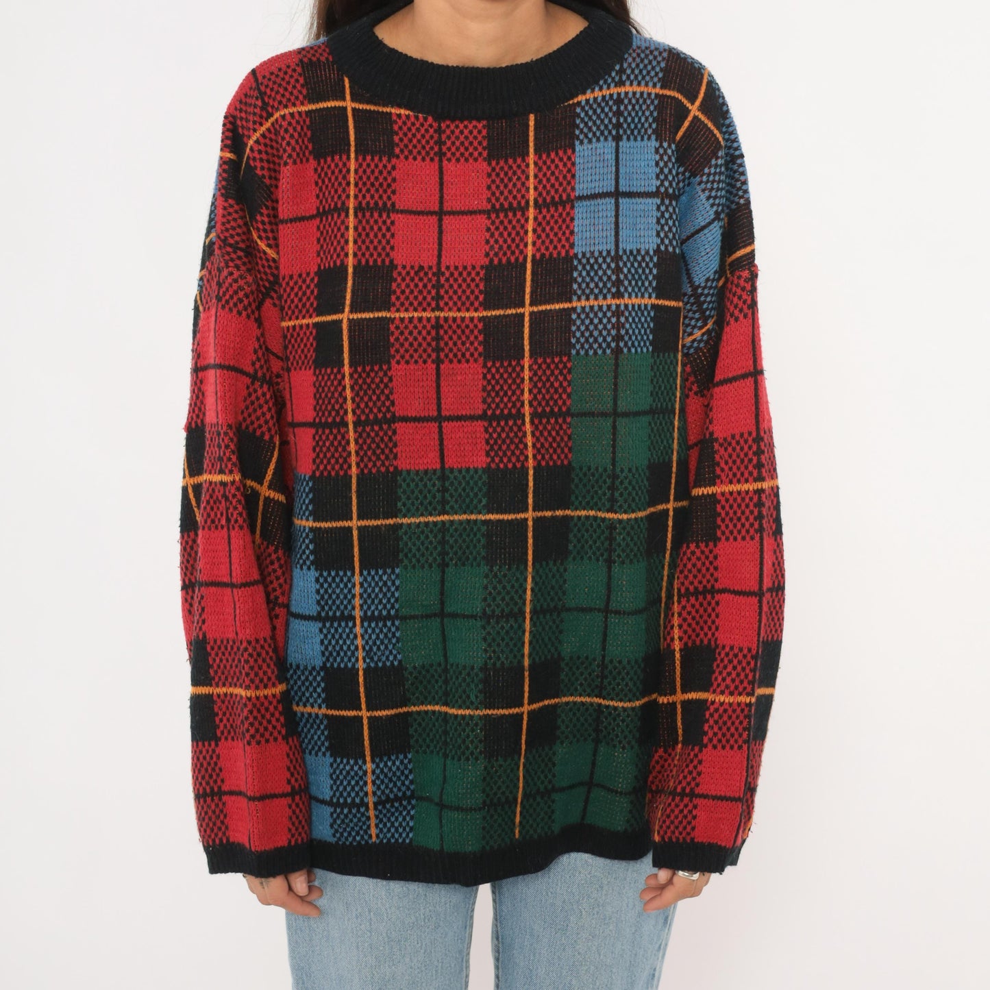 90s Venezia Plaid Knit Pullover Tartan Crewneck Multicolor Extra Large