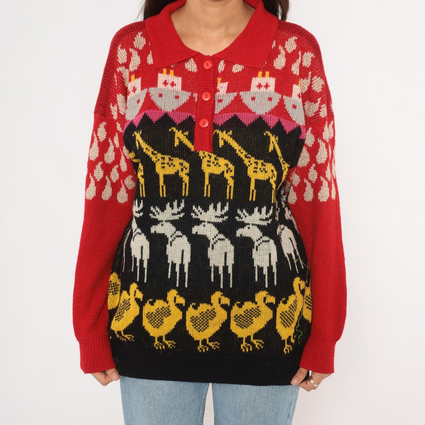 90s Animal Intarsia Knit Sweater Red Black Giraffe Moose Duck Collared Henley Medium M