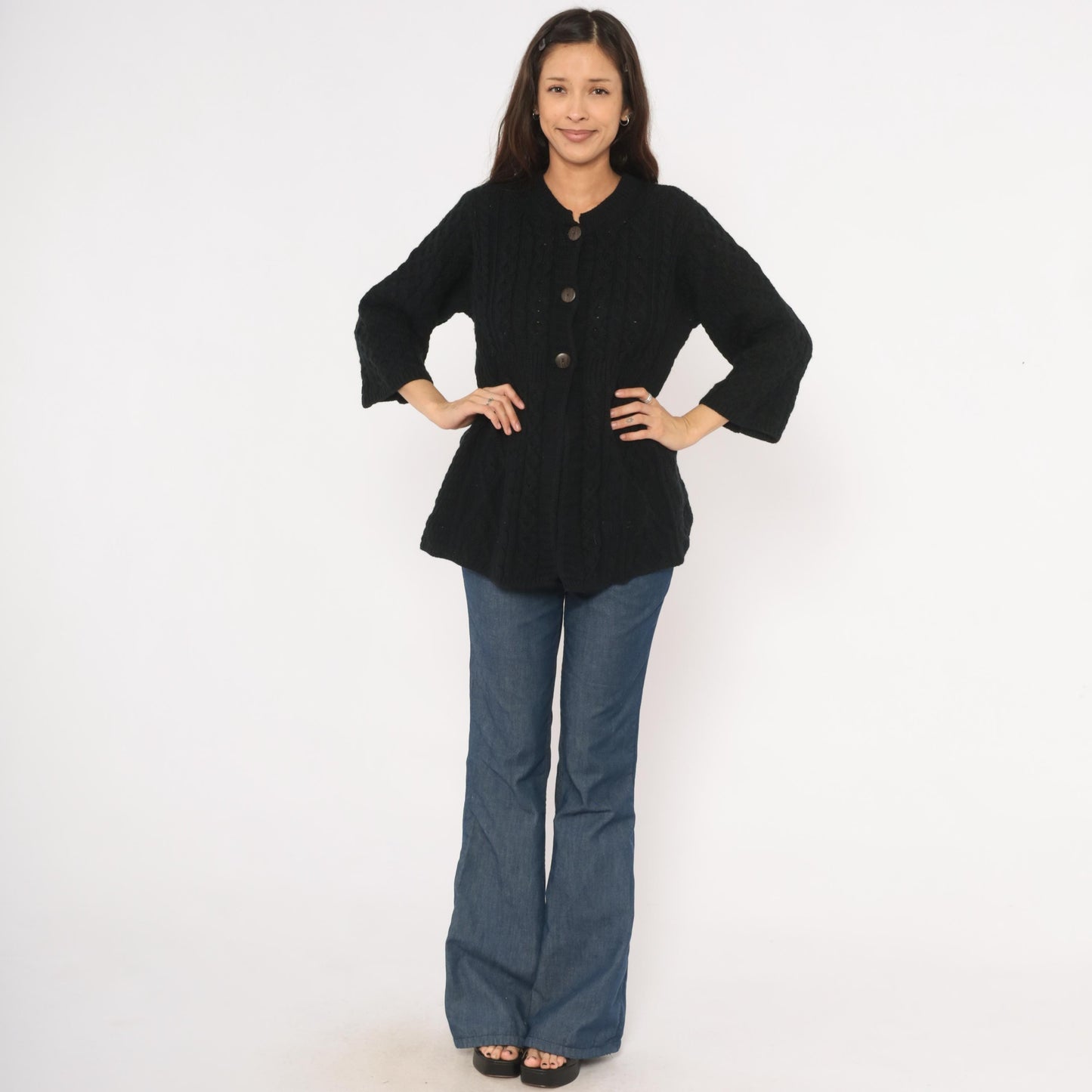 90s Kilronan Knitwear Black Cable Knit Cardigan Wool Crew Neck Medium M
