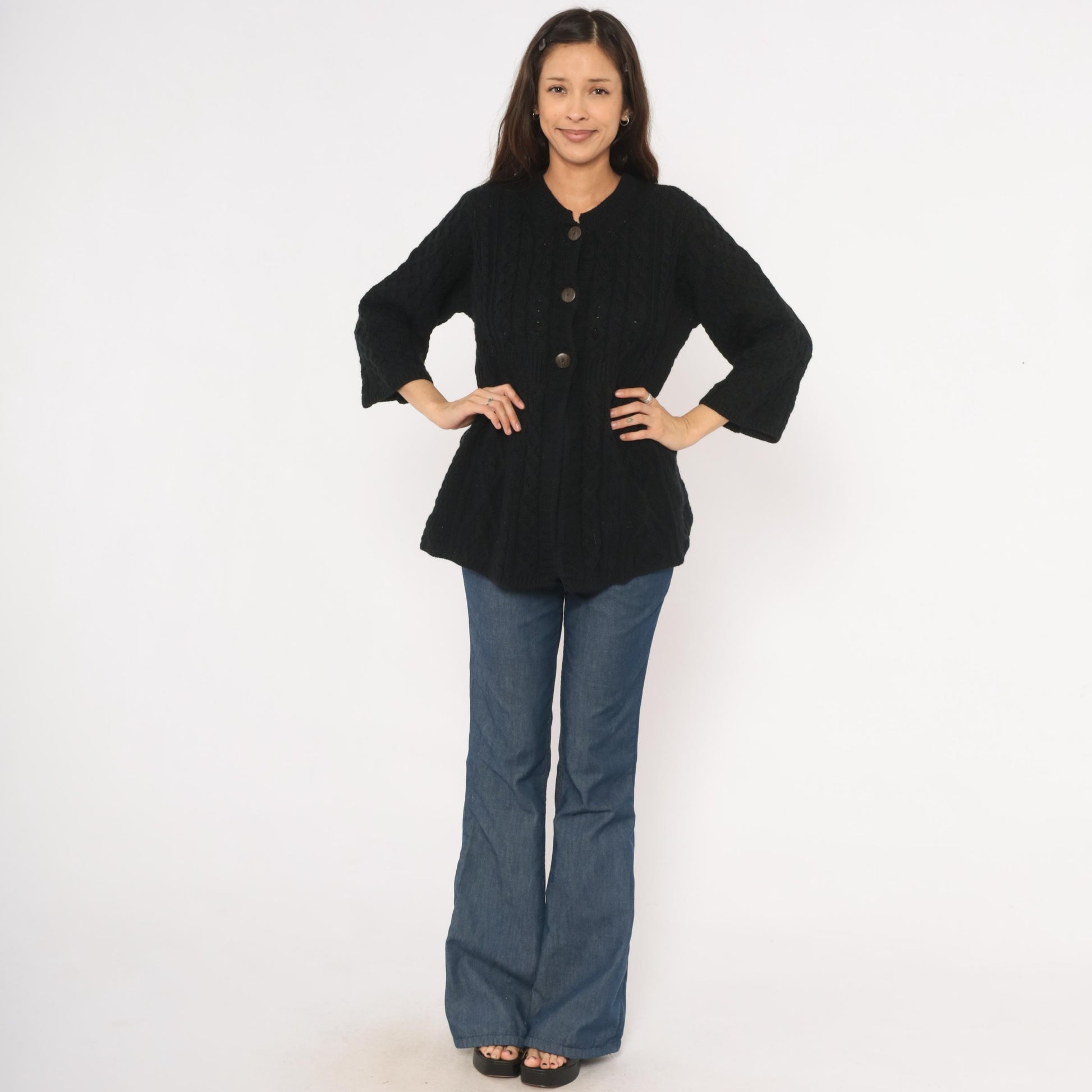 90s Kilronan Knitwear Black Cable Knit Cardigan Wool Crew Neck Medium M