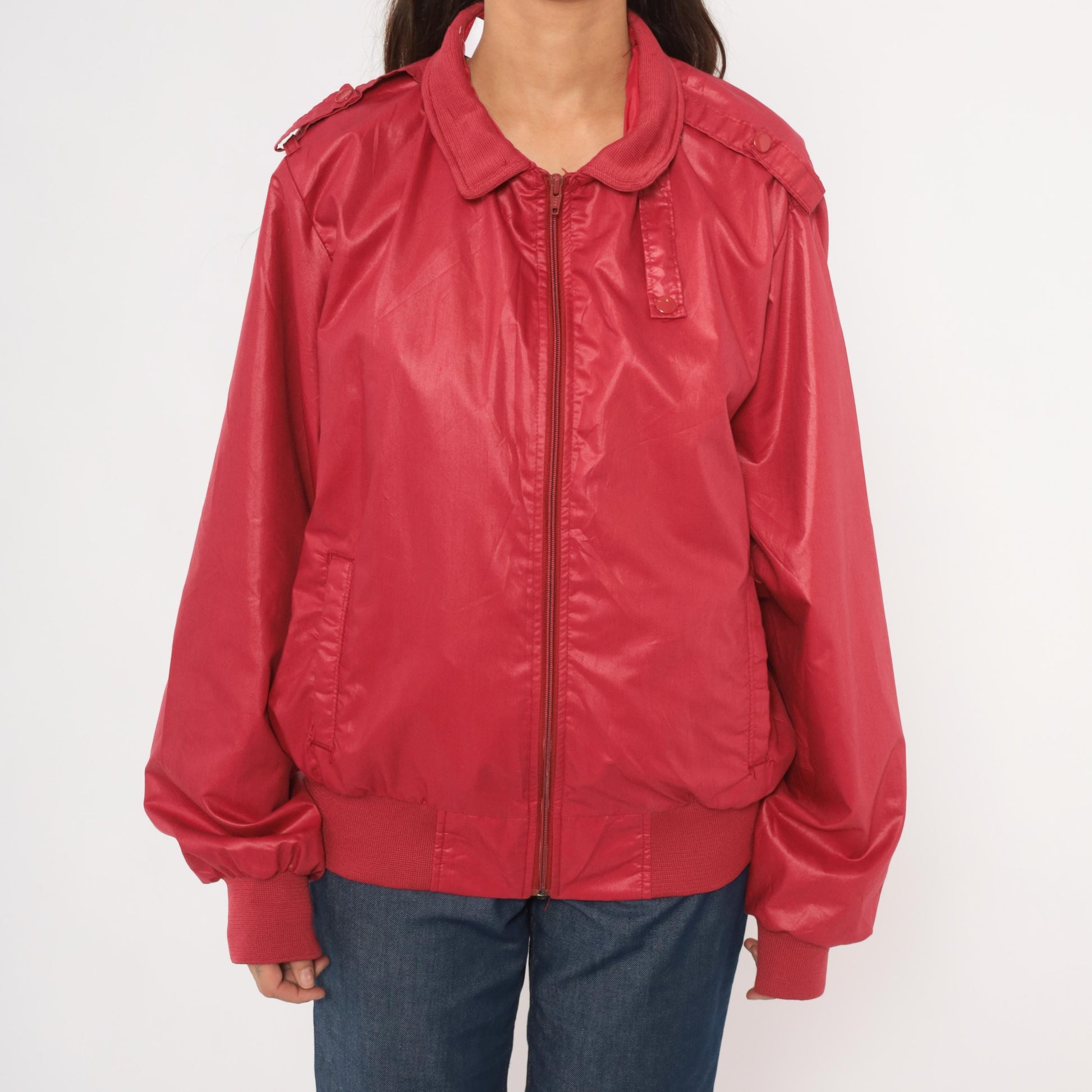 80s Raspberry Bomber Jacket Four Seasons Zip Front Windbreaker Shoulder Tabs Large L