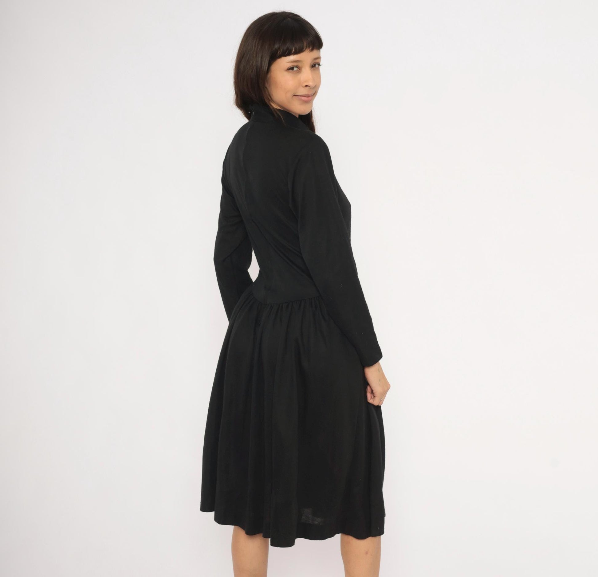 80s Vicky Vaughn Mock Neck Dress Black Drop Waist A-Line Medium M