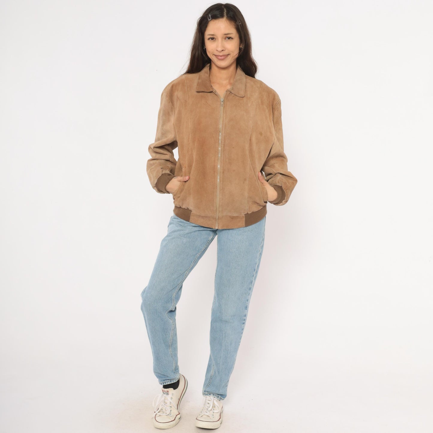 80s Tan Suede Bomber Jacket Zip Front Pointed Collar Ribbed Cuff Medium