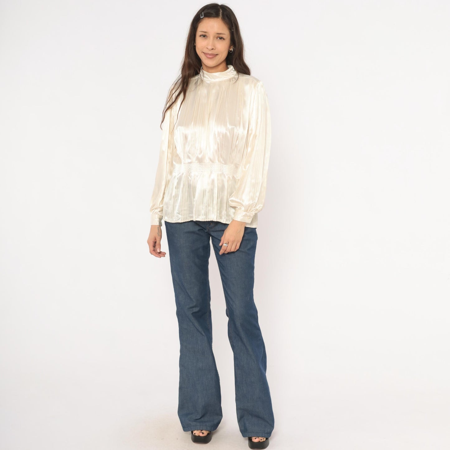 80s Nilani Ivory Satin Blouse Peplum High Neck Bishop Sleeve Small