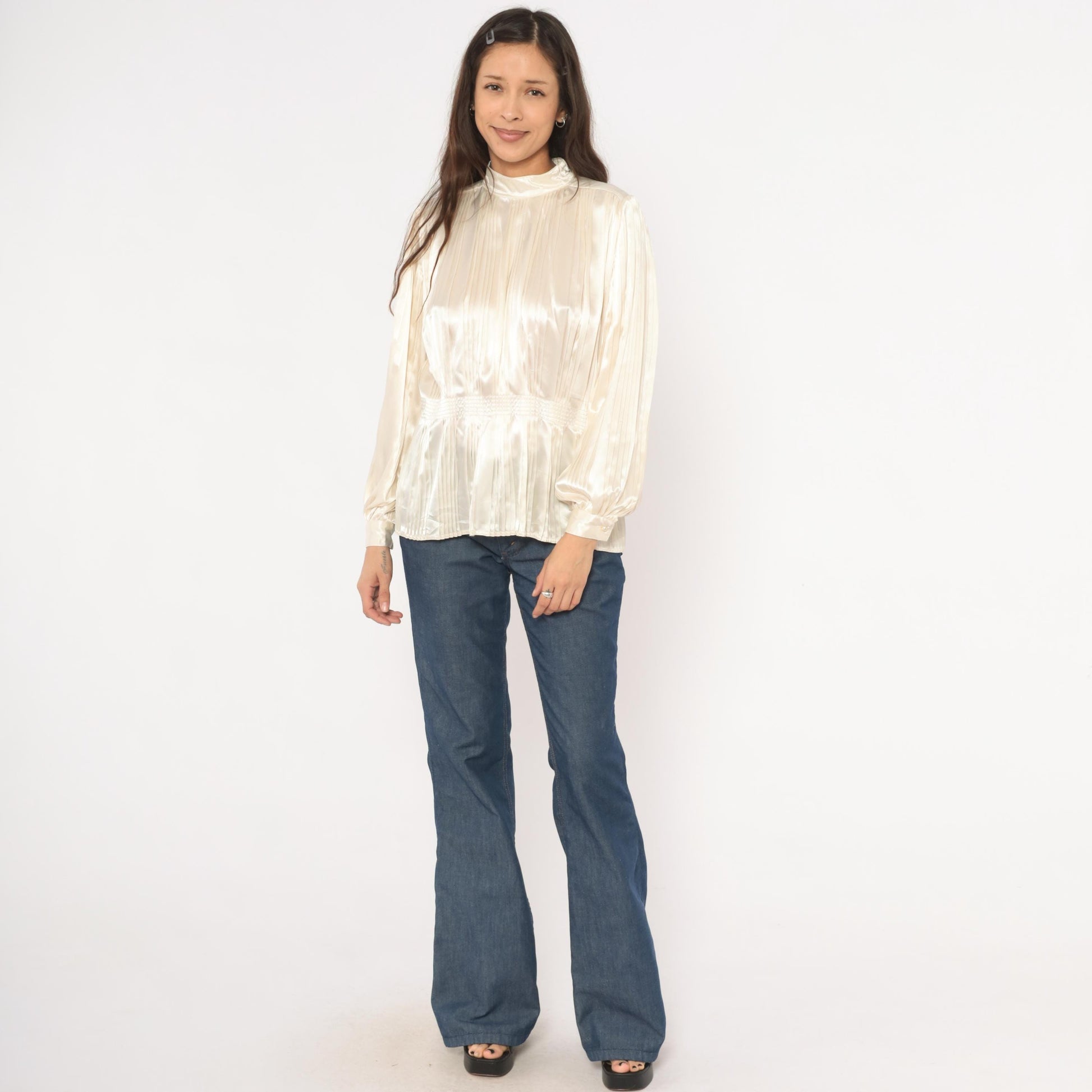80s Nilani Ivory Satin Blouse Peplum High Neck Bishop Sleeve Small