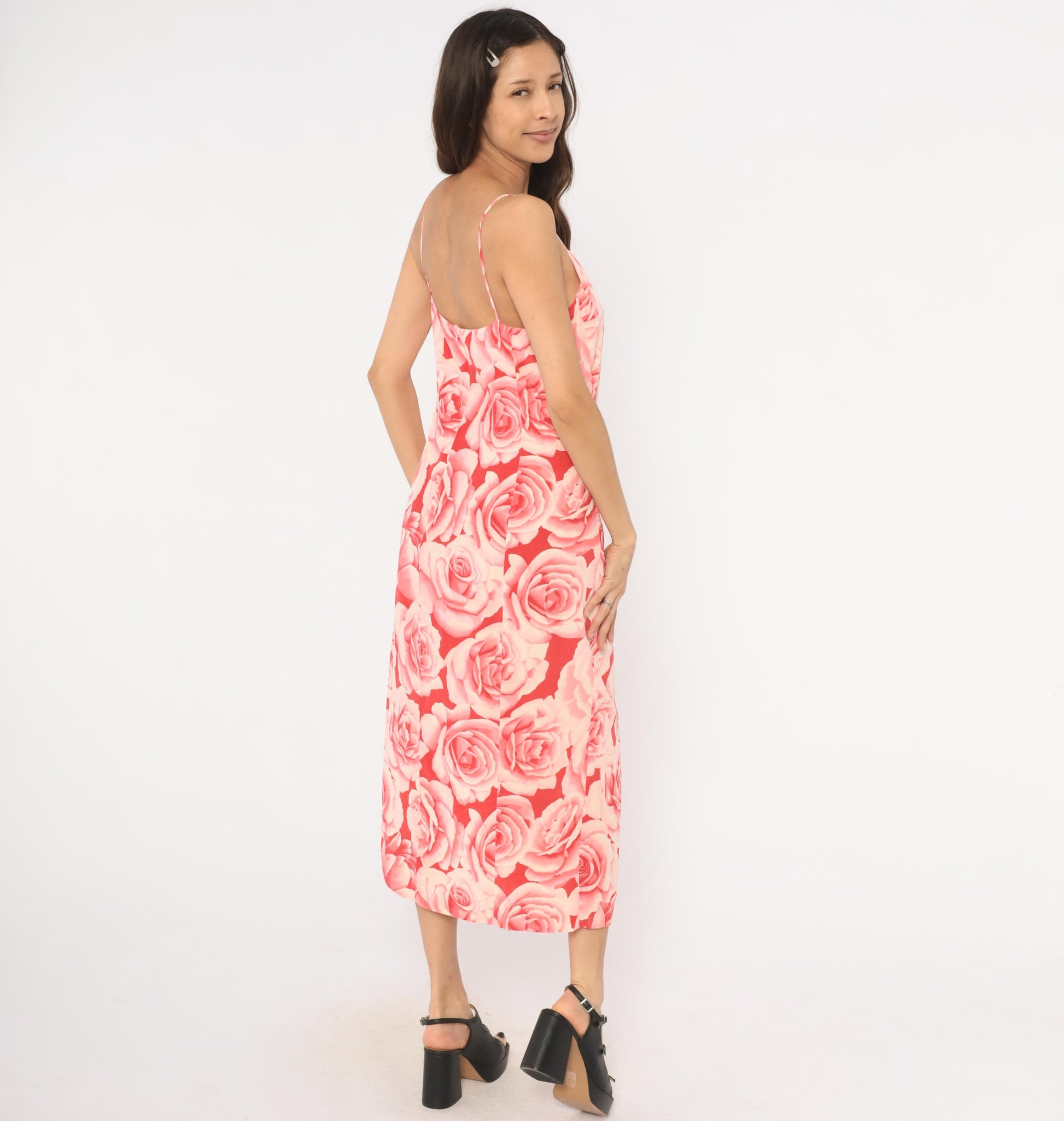 Y2K Neiman Marcus Silk Rose Print Slip Dress Pink Red Midi Slit Small S