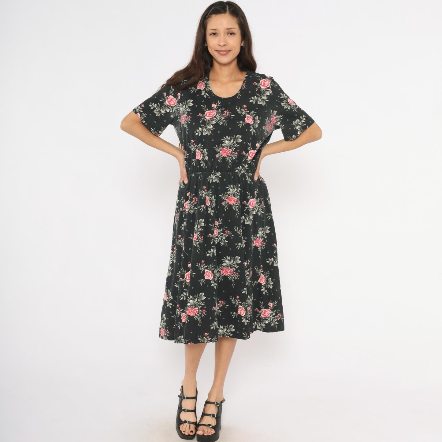 90s Black Midi Dress Pink Rose Floral Print Elastic Waist Cotton Medium M