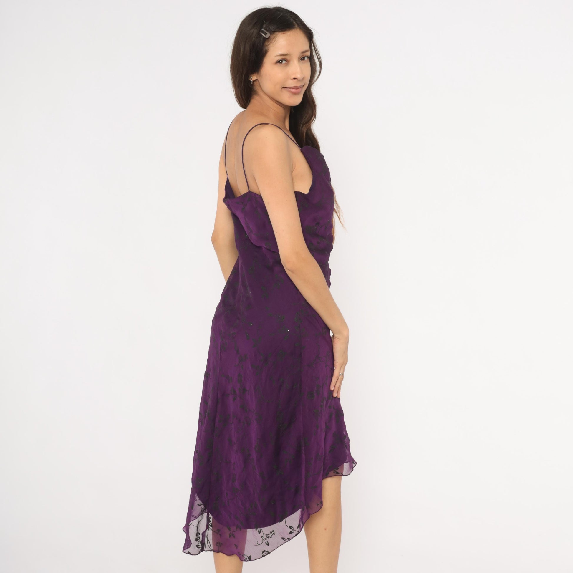 Y2K Purple Cowl Neck Slip Dress Floral Chiffon Overlay Spaghetti Strap Extra Large XL