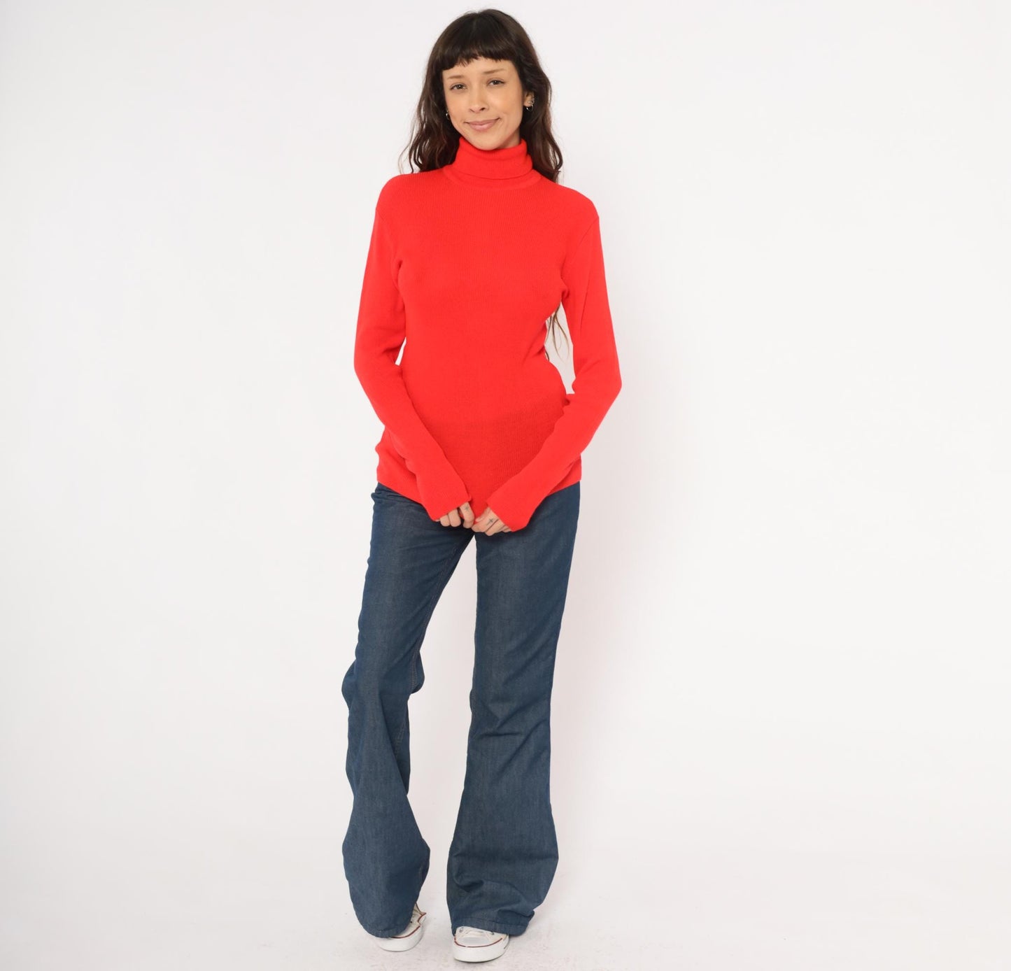 70s Red Turtleneck Sweater Ribbed Knit Pullover Button Cuff Medium Large