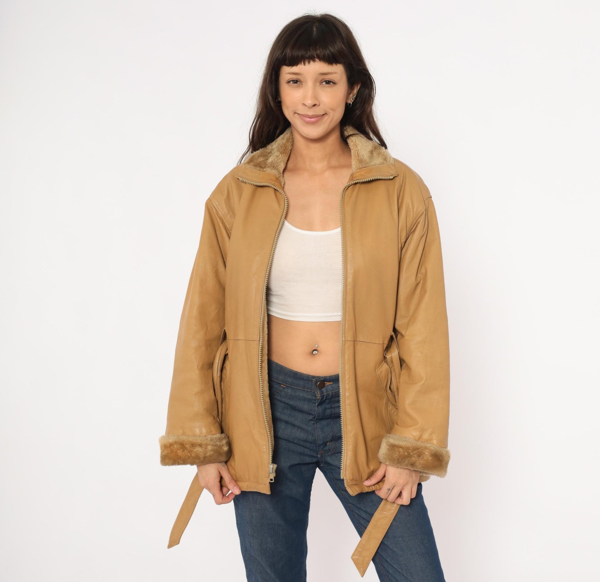 2000s Mny Tan Leather Jacket Fur-Trimmed Collar Belted Hip-Length Small S