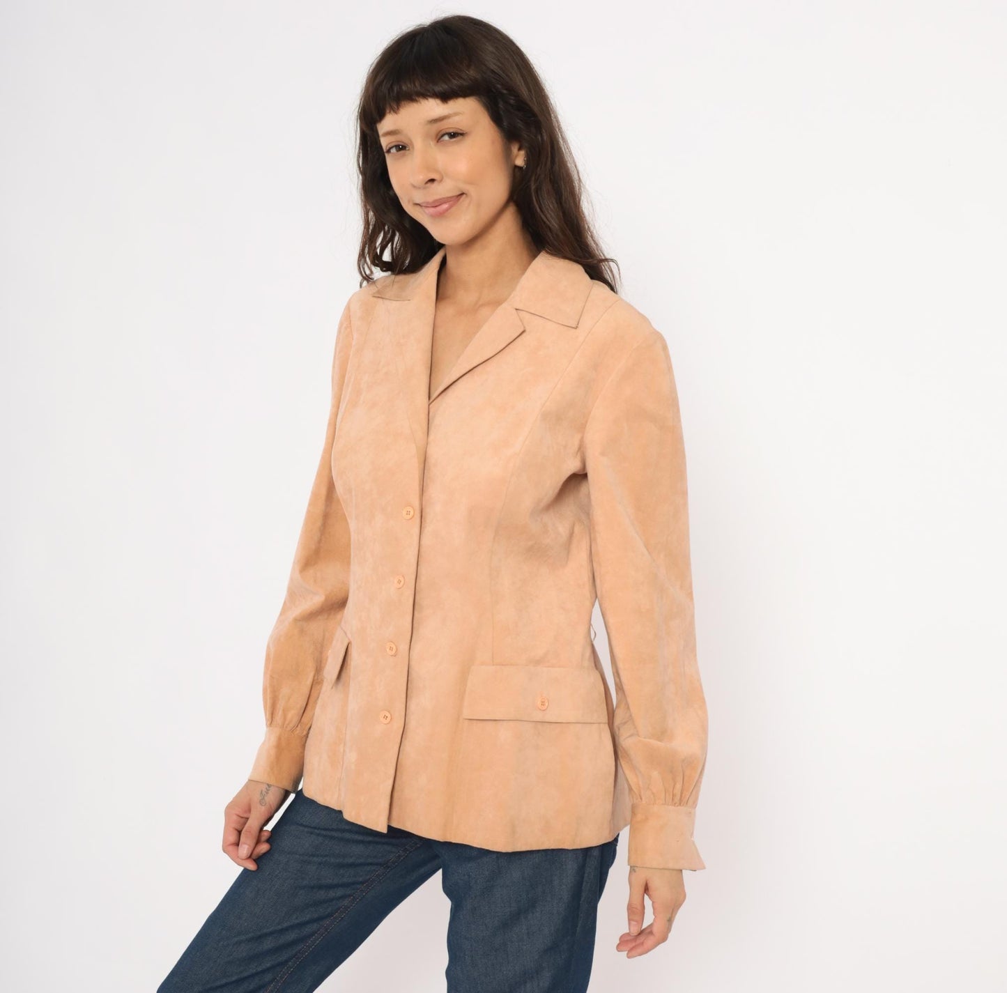 80s Mollie Parnis Tan Suede Blazer Patch Pocket Gathered Cuff Medium M