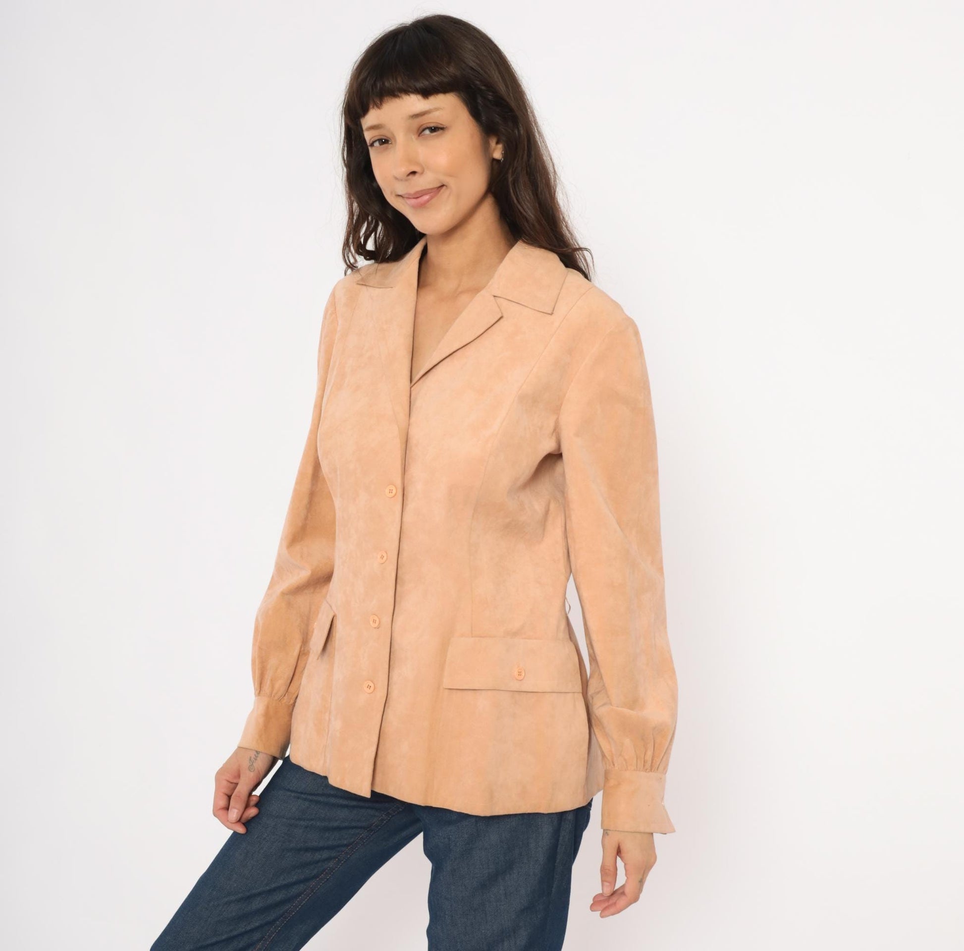 80s Mollie Parnis Tan Suede Blazer Patch Pocket Gathered Cuff Medium M