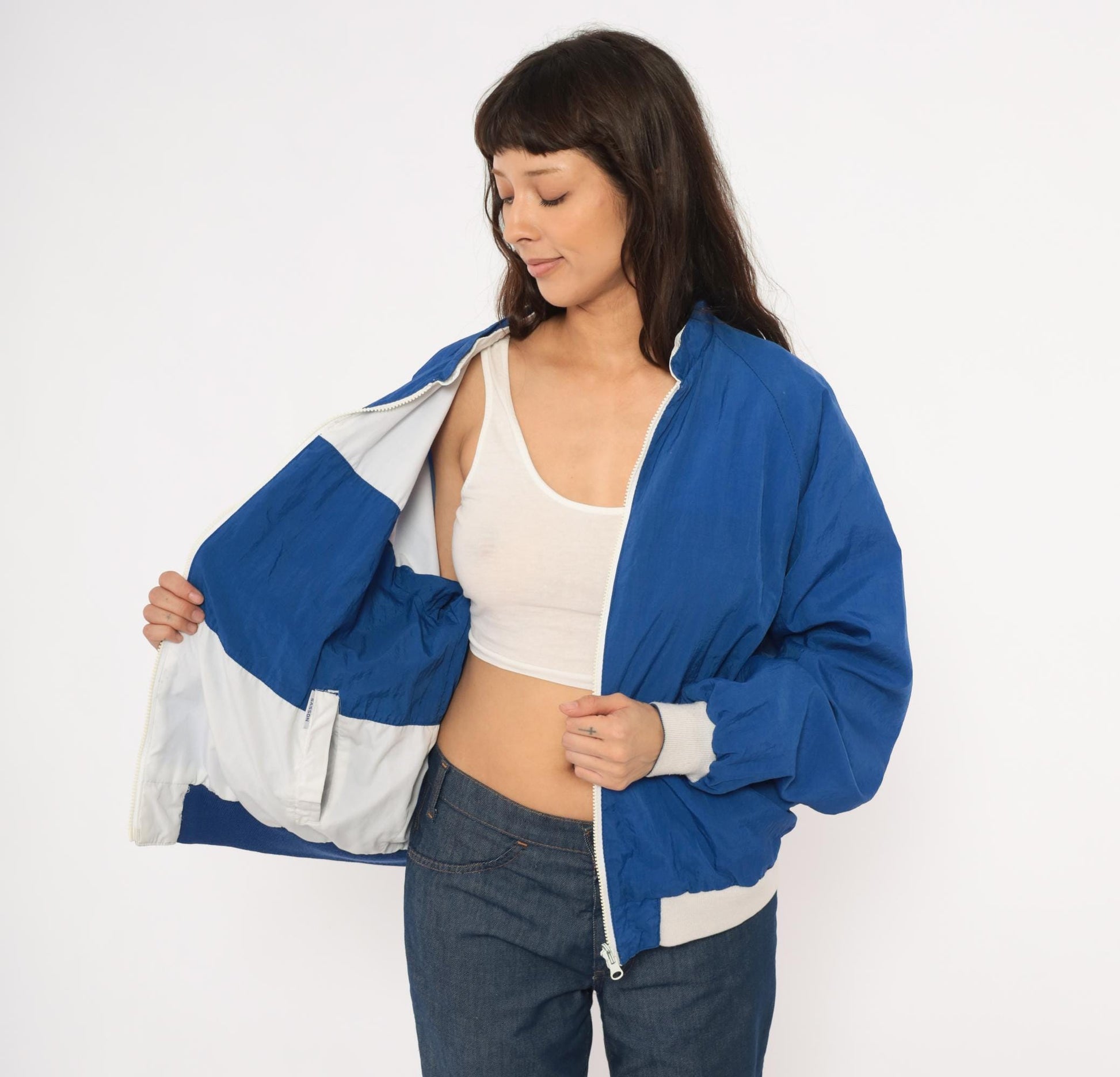 80s Sasson Reversible Windbreaker Blue White Colorblock Raglan Jacket Large