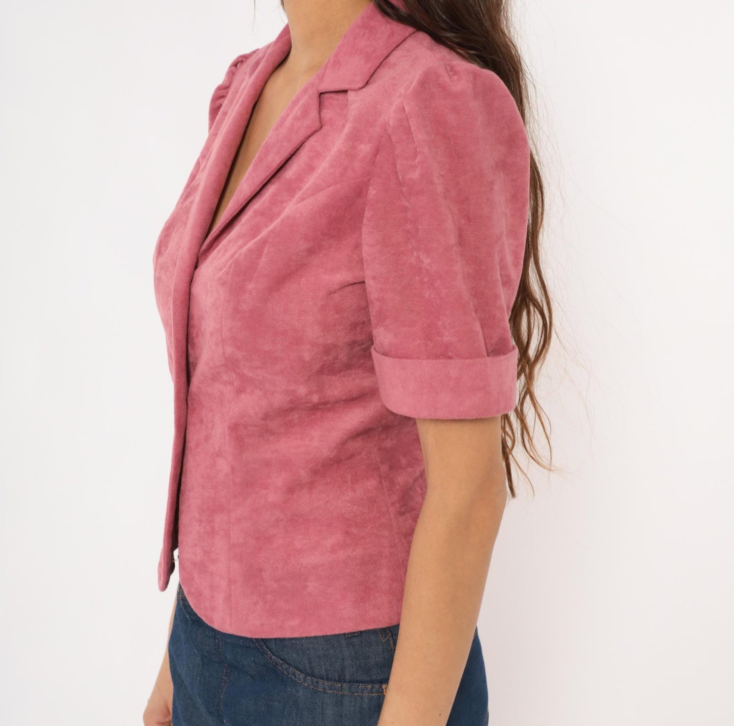 80s Mauve Puff Sleeve Blazer Pink Notched Lapel Fitted Cropped Jacket Small S
