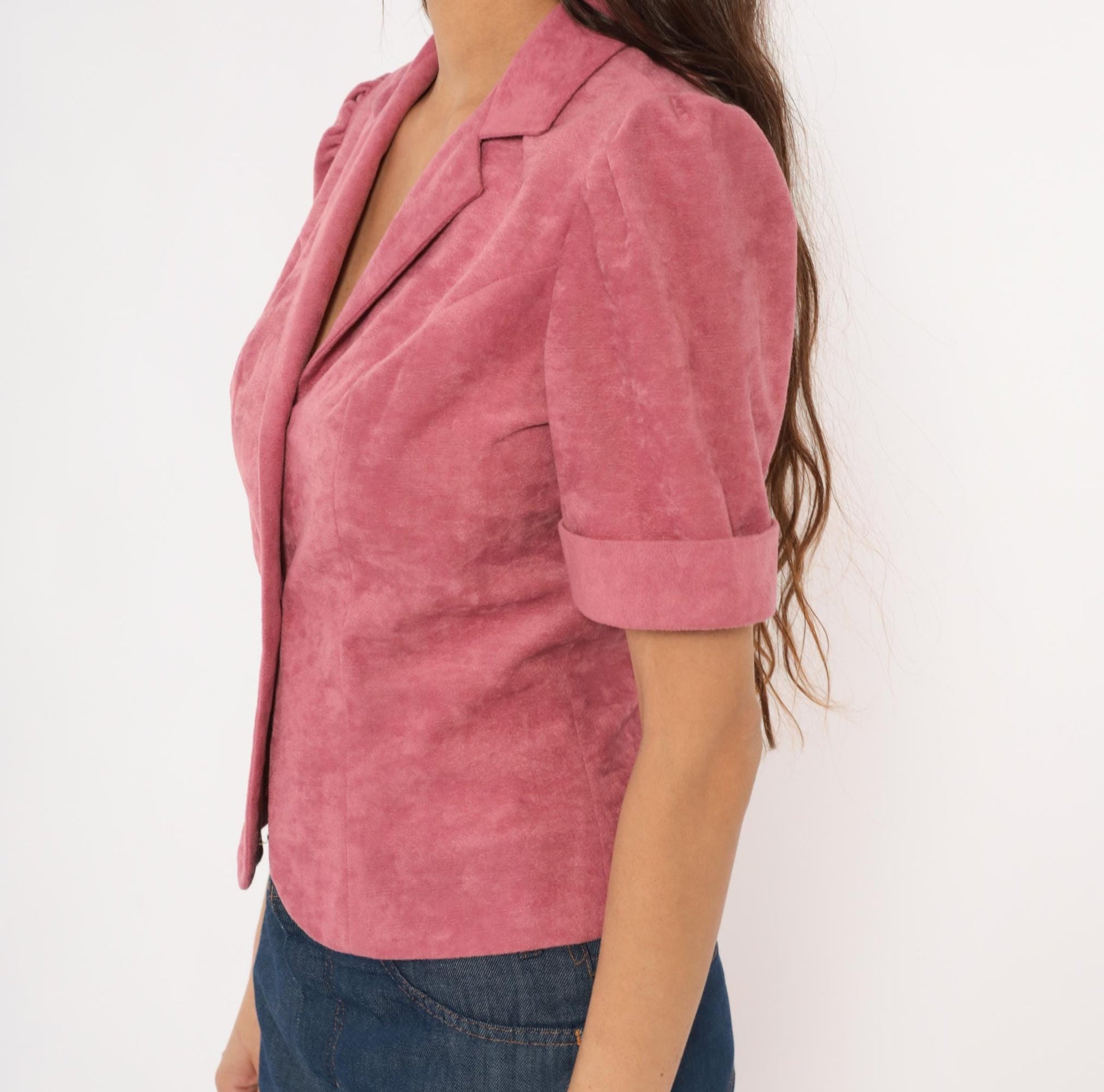 80s Mauve Puff Sleeve Blazer Pink Notched Lapel Fitted Cropped Jacket Small S