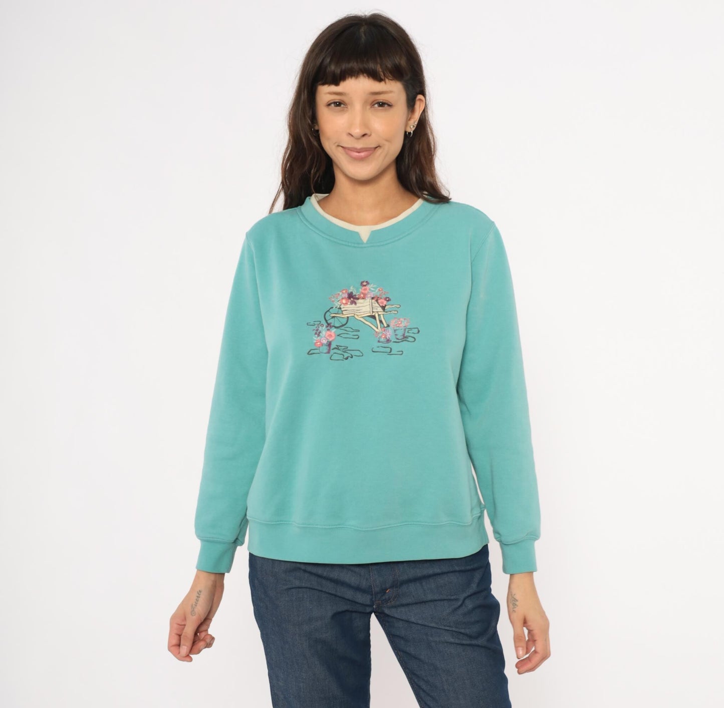 90s Shenanigans Embroidered Garden Wheelbarrow Sweatshirt Teal Medium