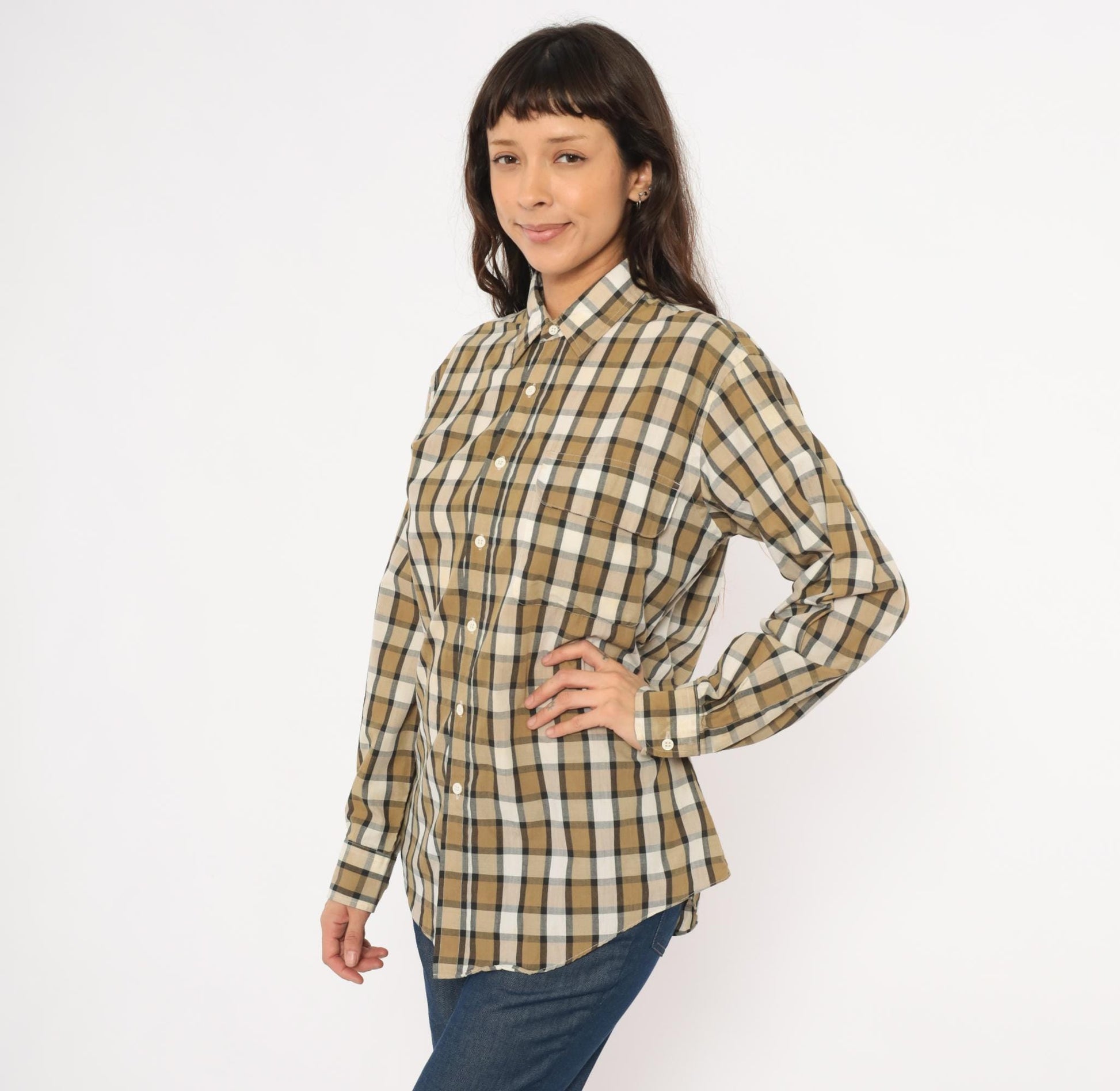 90s Steeplechase Plaid Button-Up Shirt Tan Navy Cream Medium