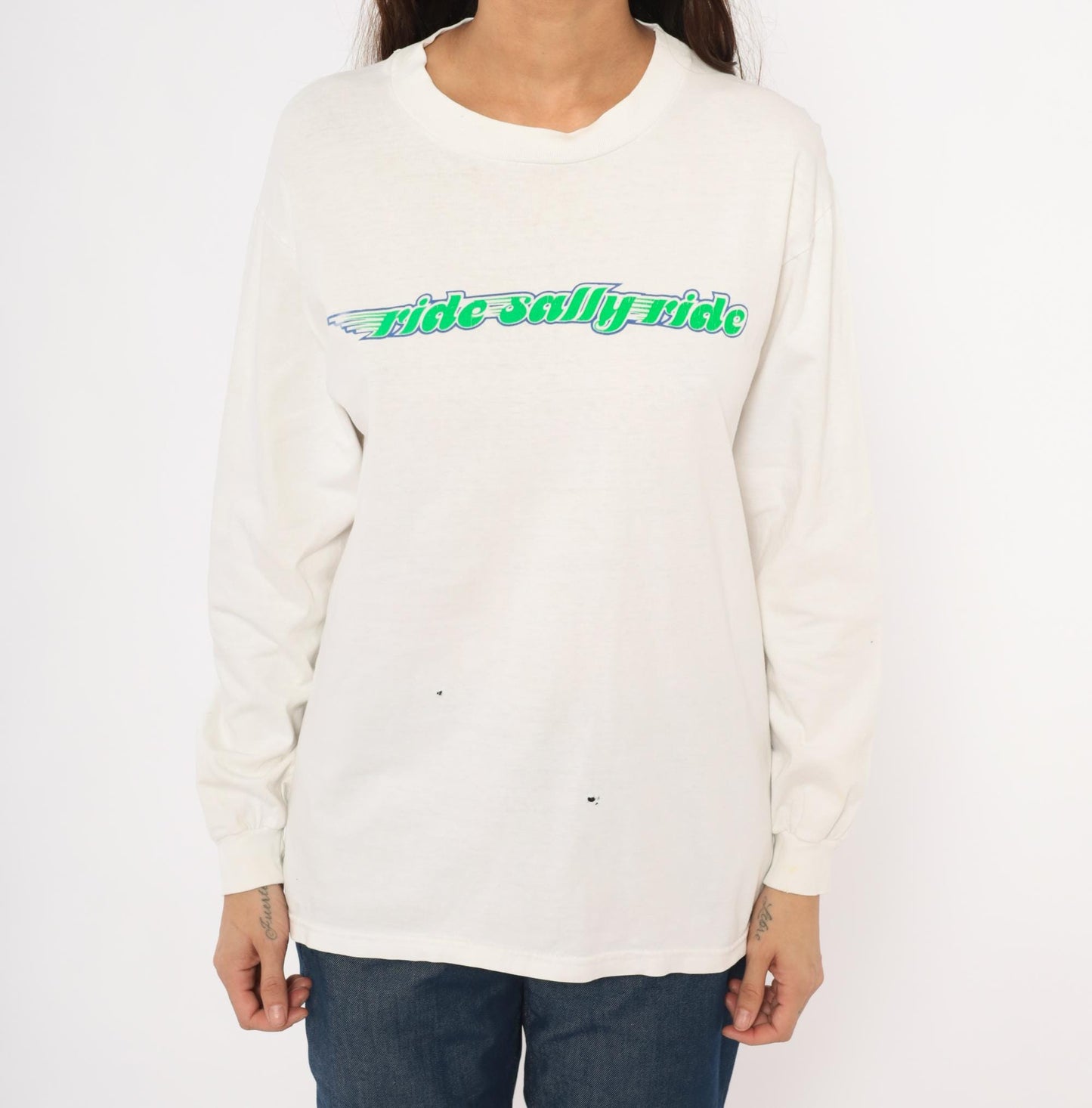 90s Hanes Ride Sally Ride Long Sleeve Tee Green Blue Wing Graphic White Medium M