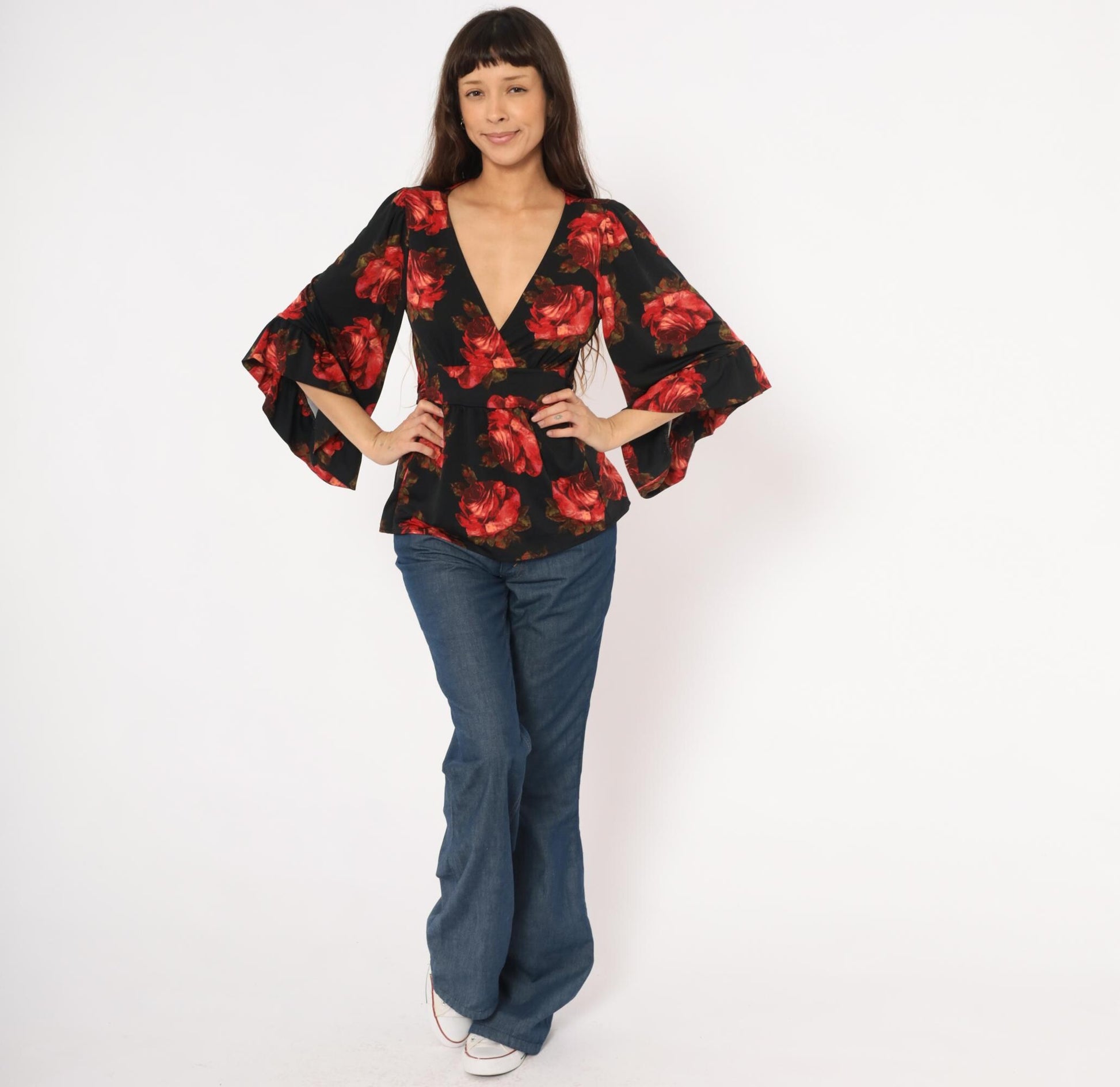 Betsey Johnson 2000s Rose Print Wrap Top Black Bell Sleeve Peplum Small