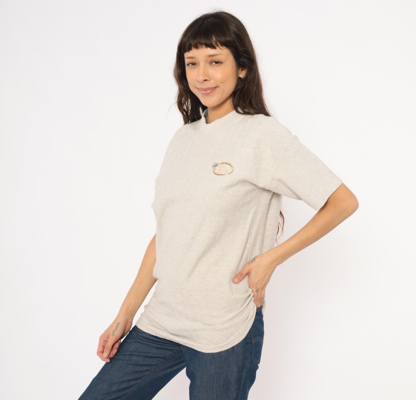 90s King Cotton Hobe Sound Palm Tree Embroidered Tee Oatmeal Medium