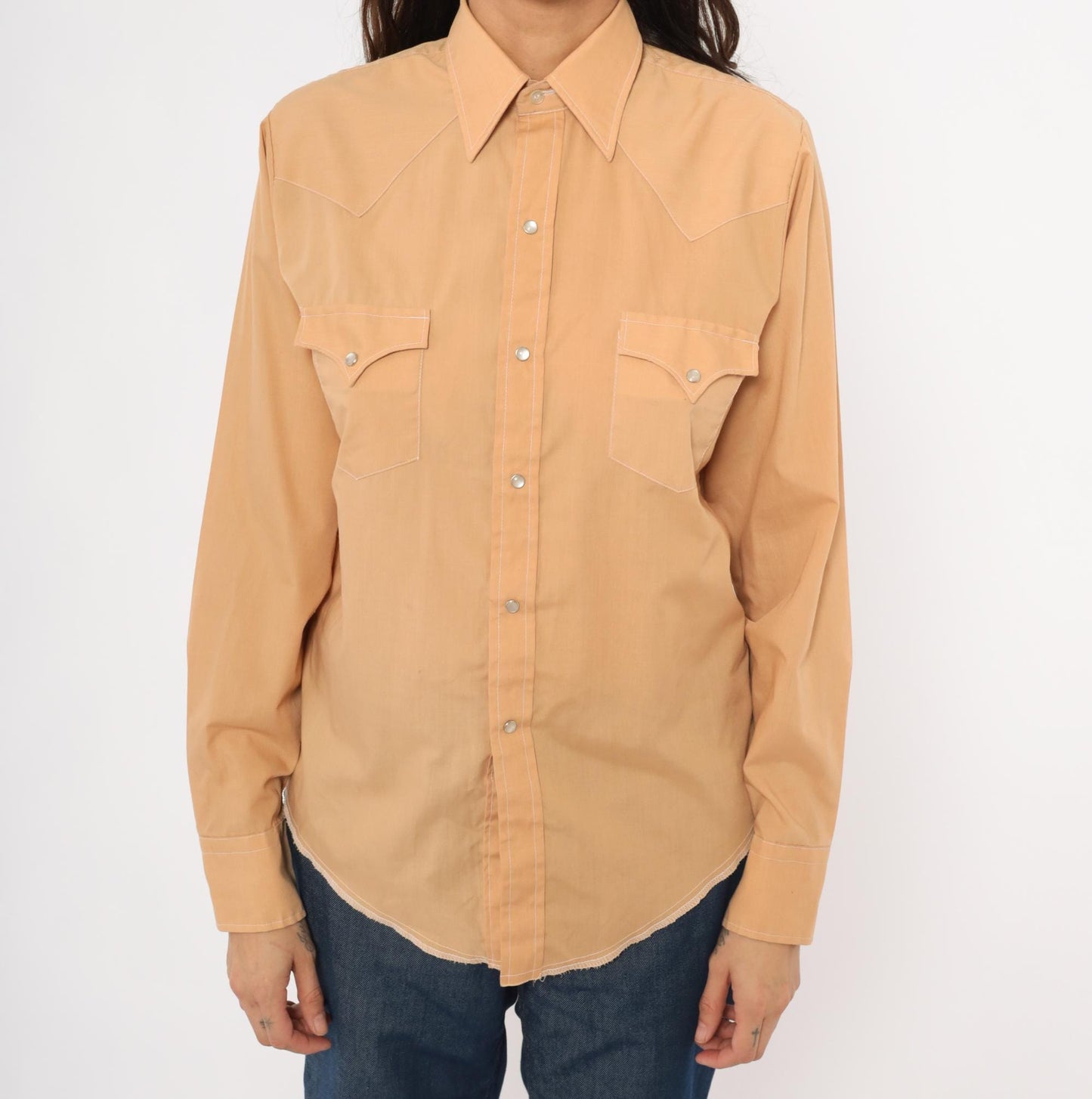 80s Western Fashions Pearl Snap Shirt Peach Cotton Pointed Collar Yoke Small