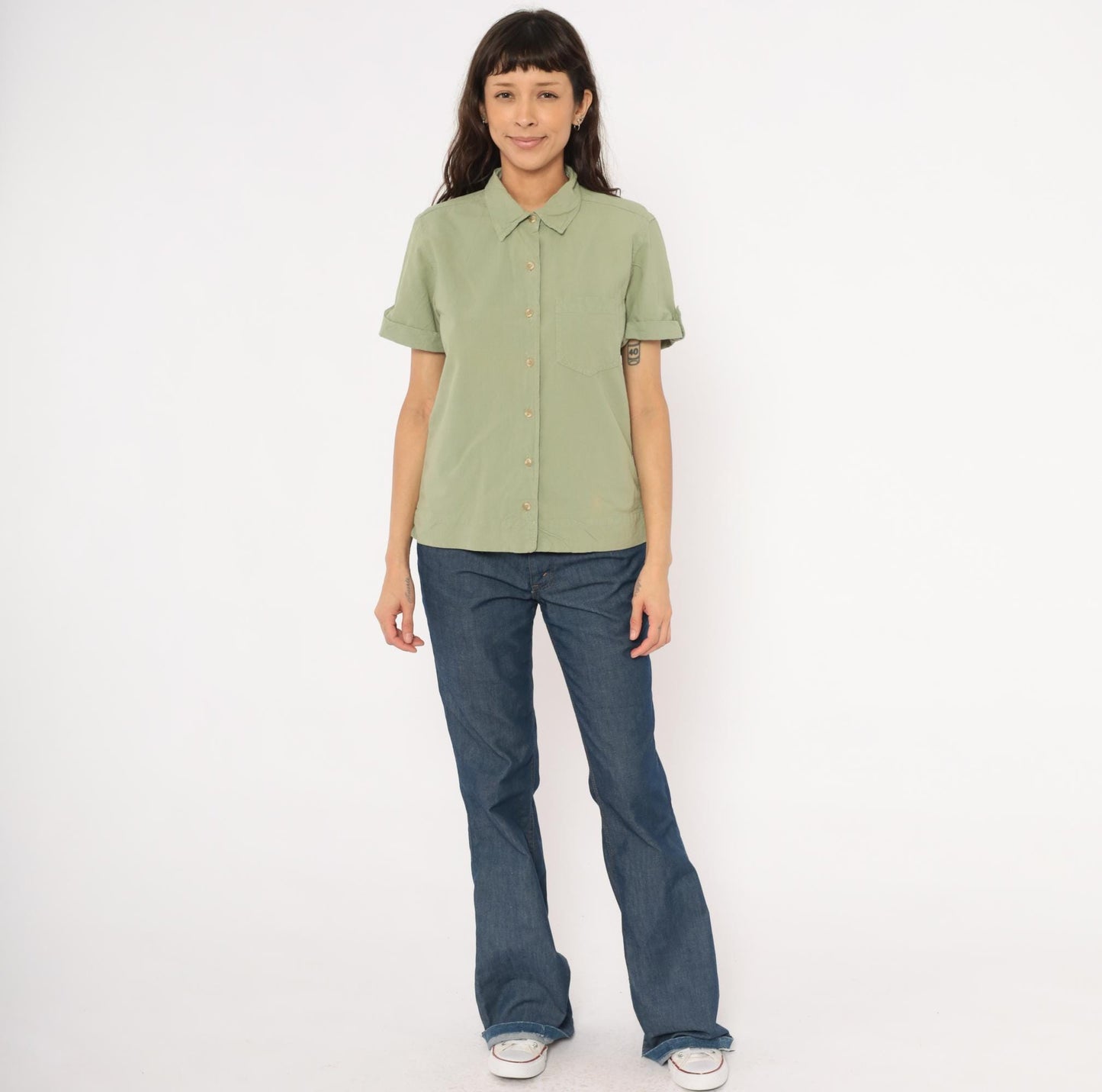 90s Erika & Co Olive Cotton Camp Collar Shirt Sage Green Rolled Sleeve Small