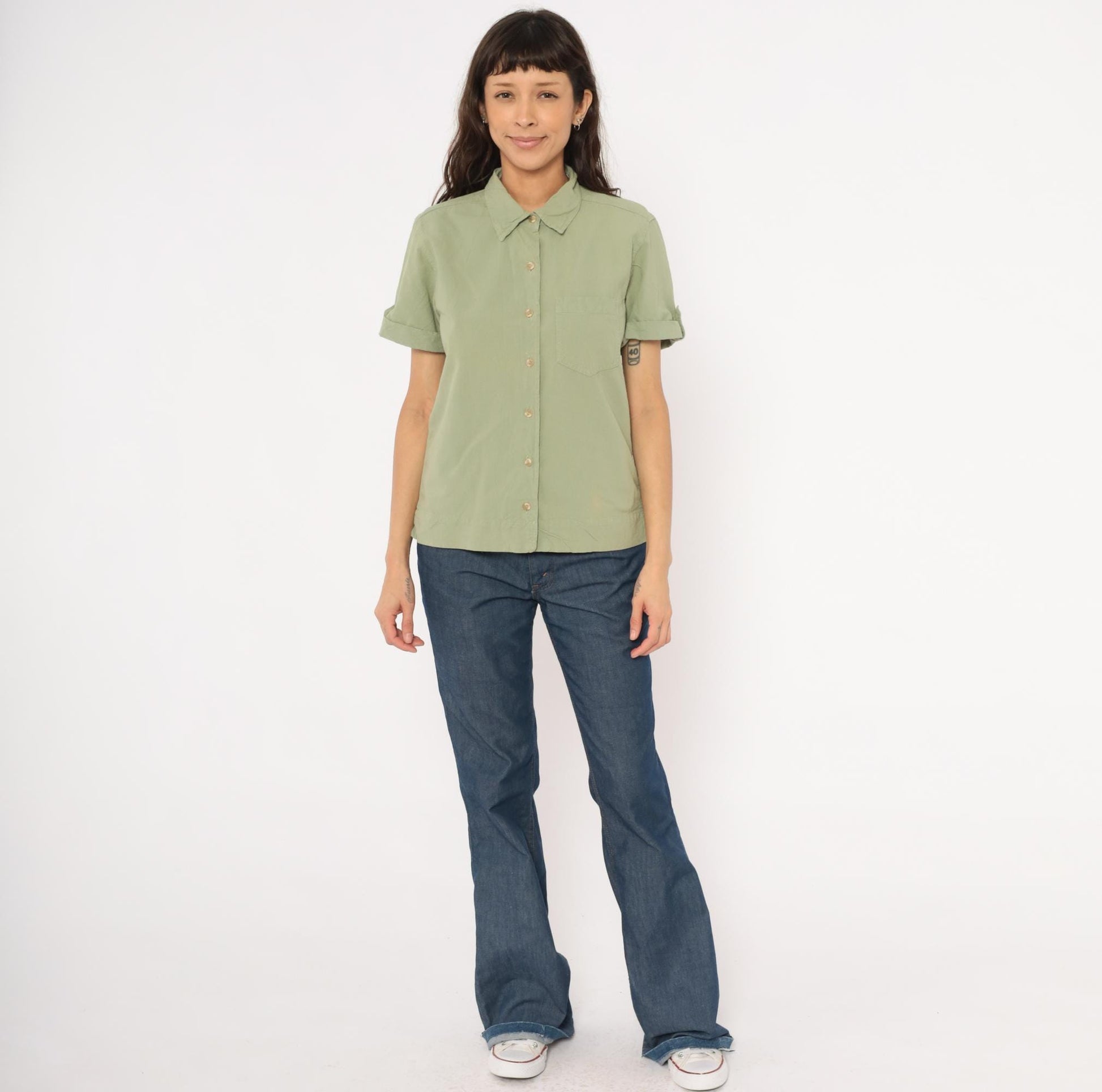 90s Erika & Co Olive Cotton Camp Collar Shirt Sage Green Rolled Sleeve Small