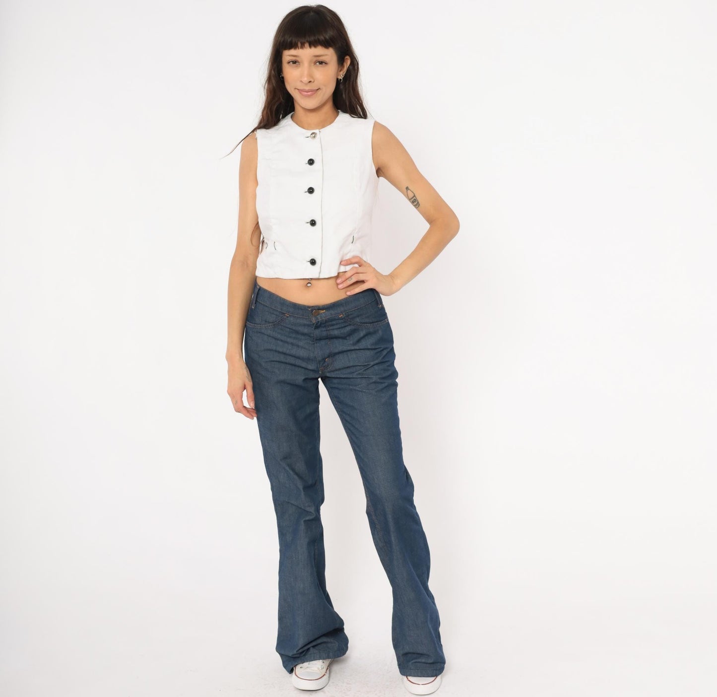 60s Rembrandt Linen Vest White Button Front Sleeveless Crop Top Extra Small XS