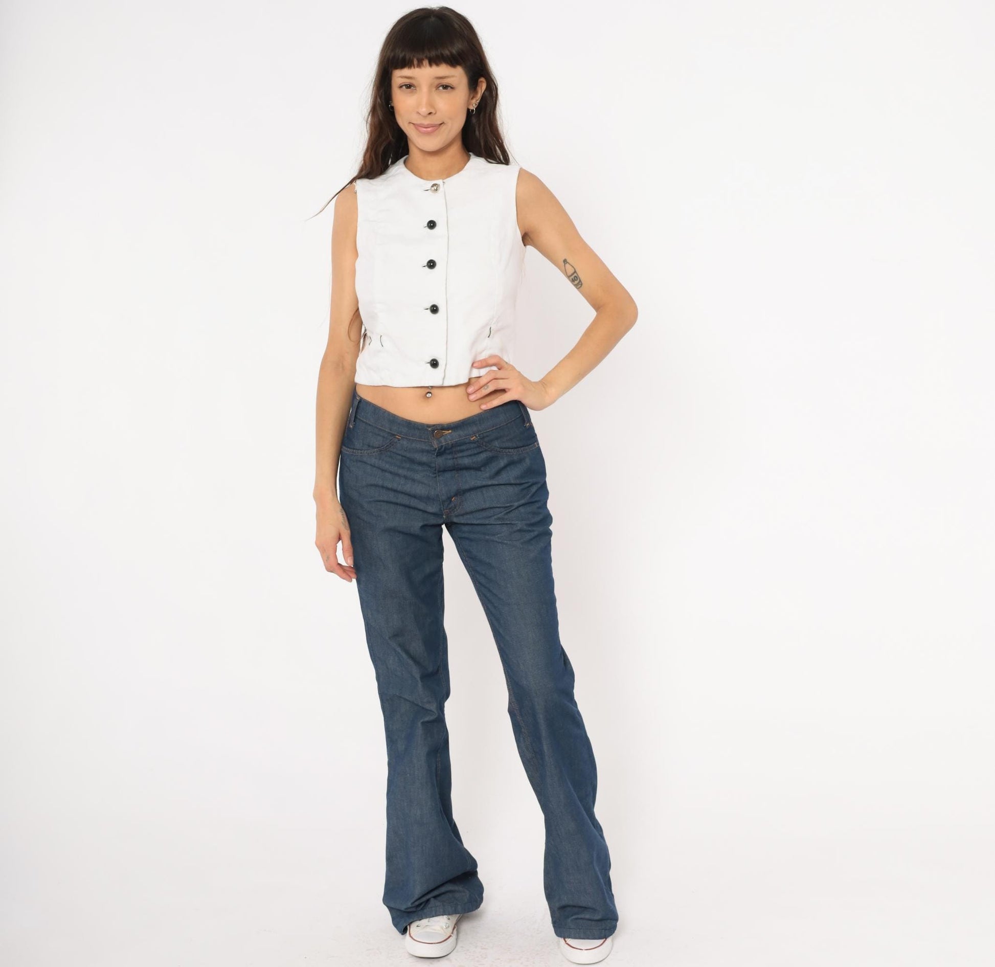 60s Rembrandt Linen Vest White Button Front Sleeveless Crop Top Extra Small XS