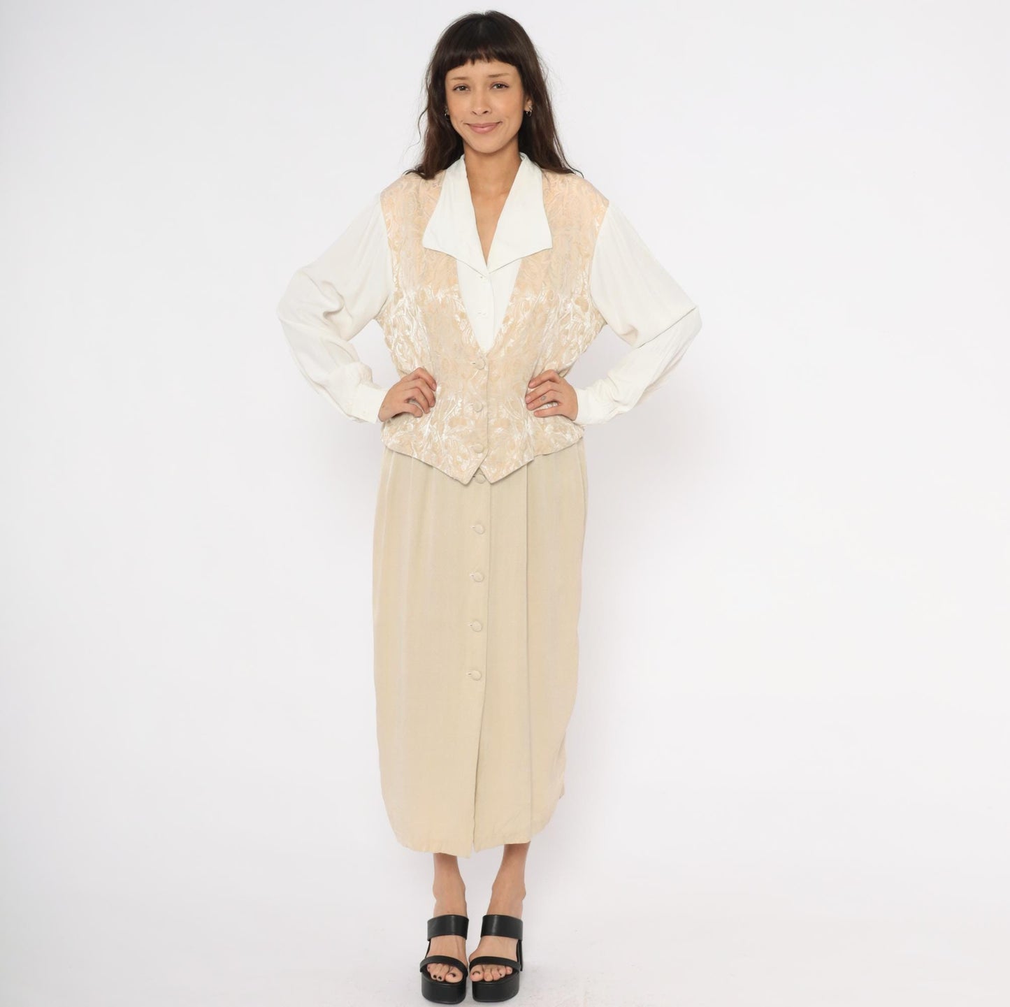 80s Miss Scarlett Jacquard Vest Midi Dress Ivory Collar Cream Sleeves Large L