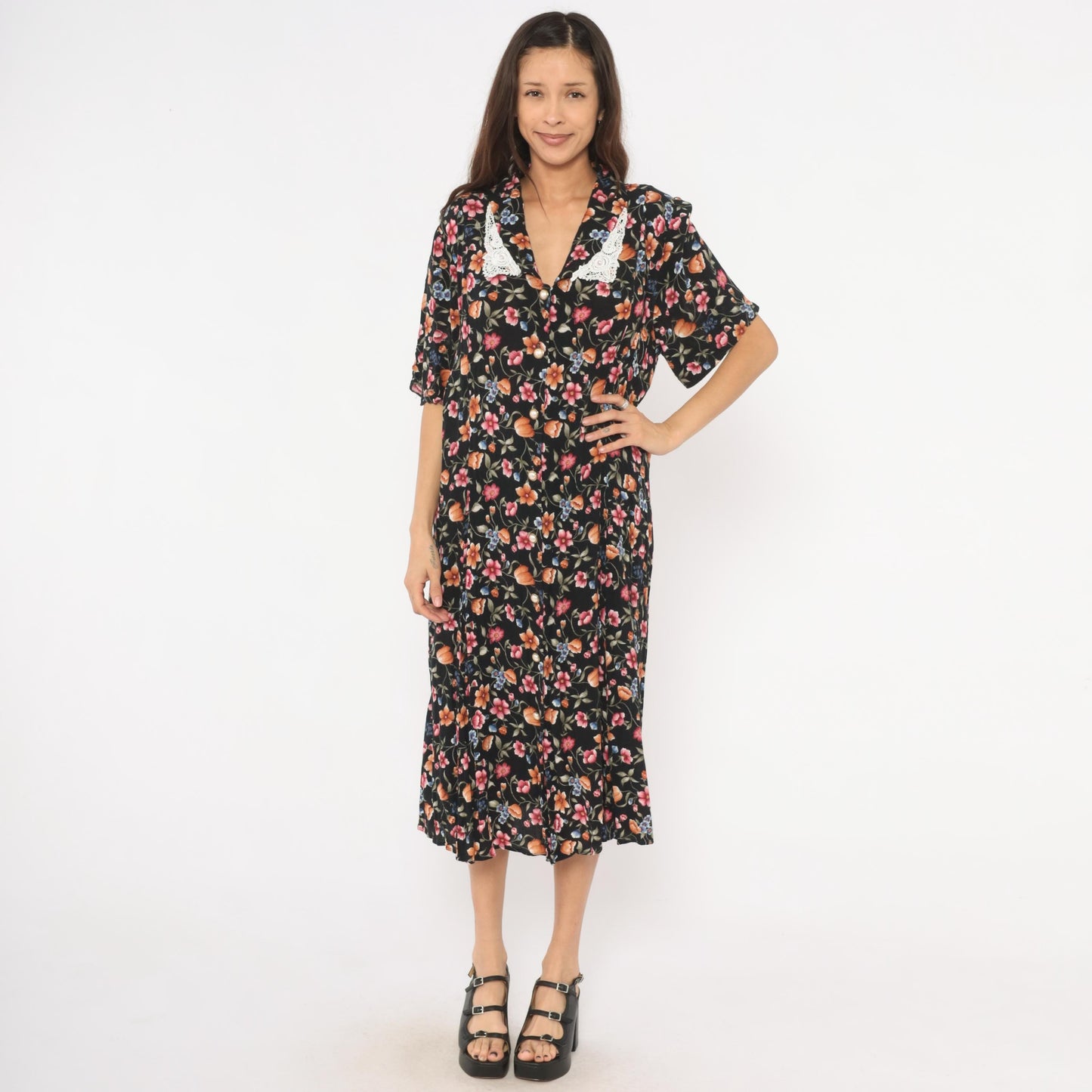 90s Basia Floral Midi Dress Black Lace Collar Pearl Buttons Medium