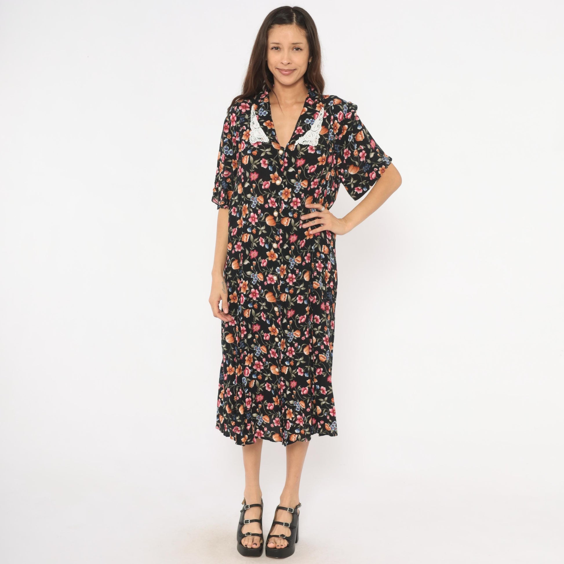 90s Basia Floral Midi Dress Black Lace Collar Pearl Buttons Medium