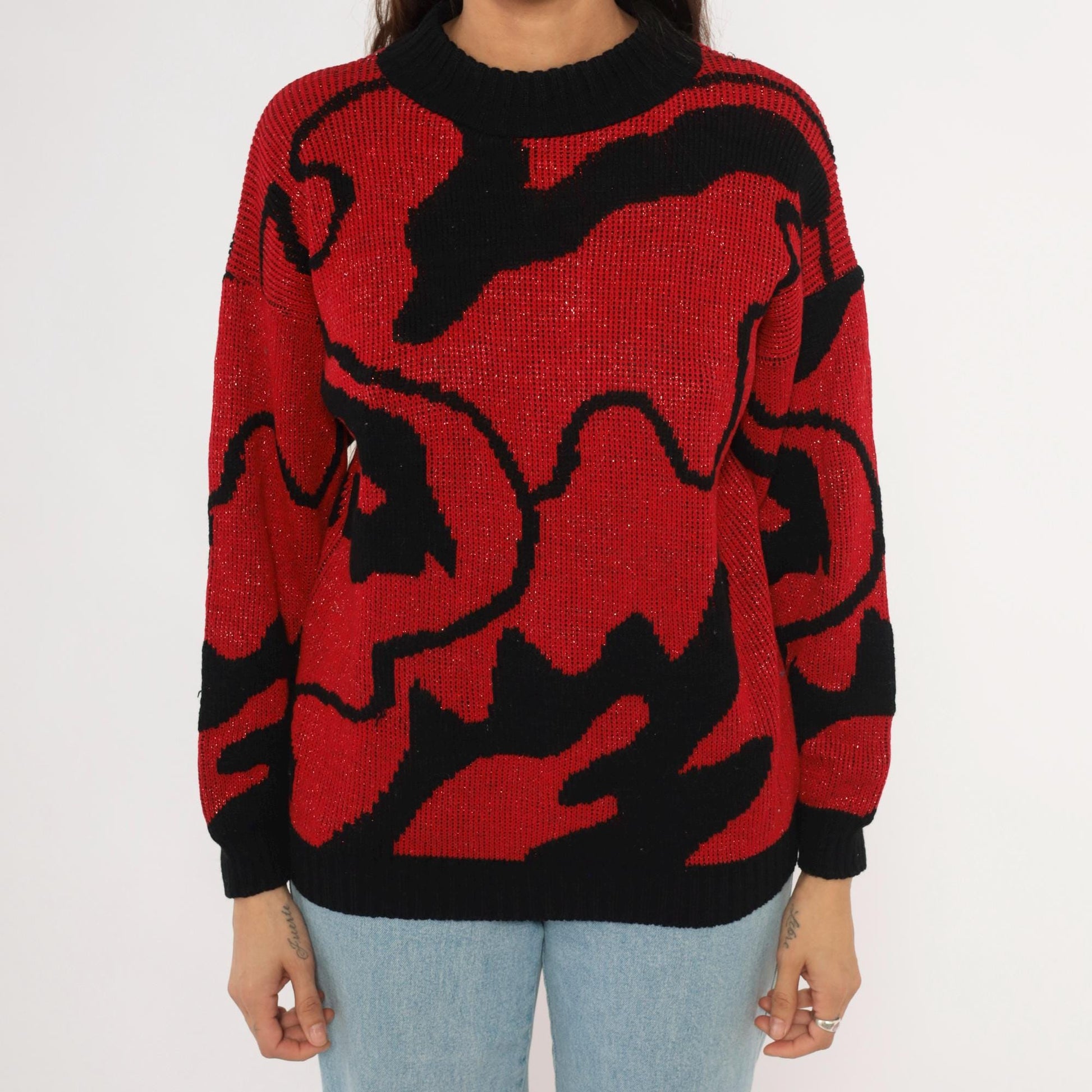 90s Rose Red Black Abstract Knit Pullover Shimmer Sweater Medium M