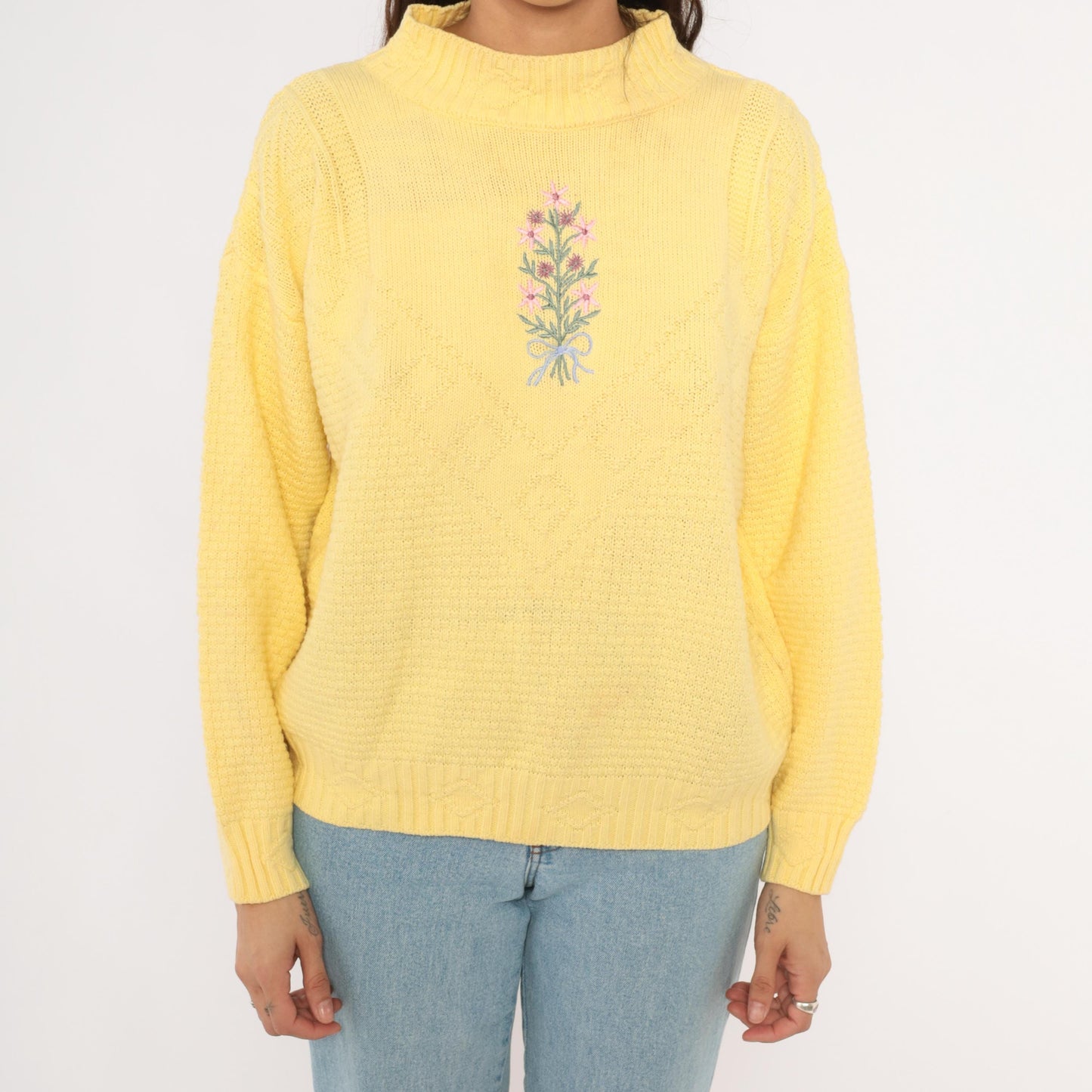 80s Liz Thomas Embroidered Floral Bouquet Knit Pullover Yellow Medium M