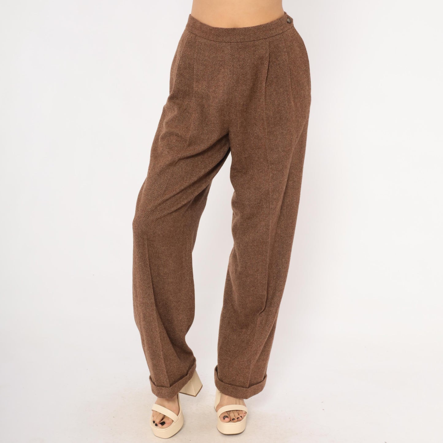 Ralph Lauren Wool Herringbone Trousers 90s Brown Pleated High Waist Large L