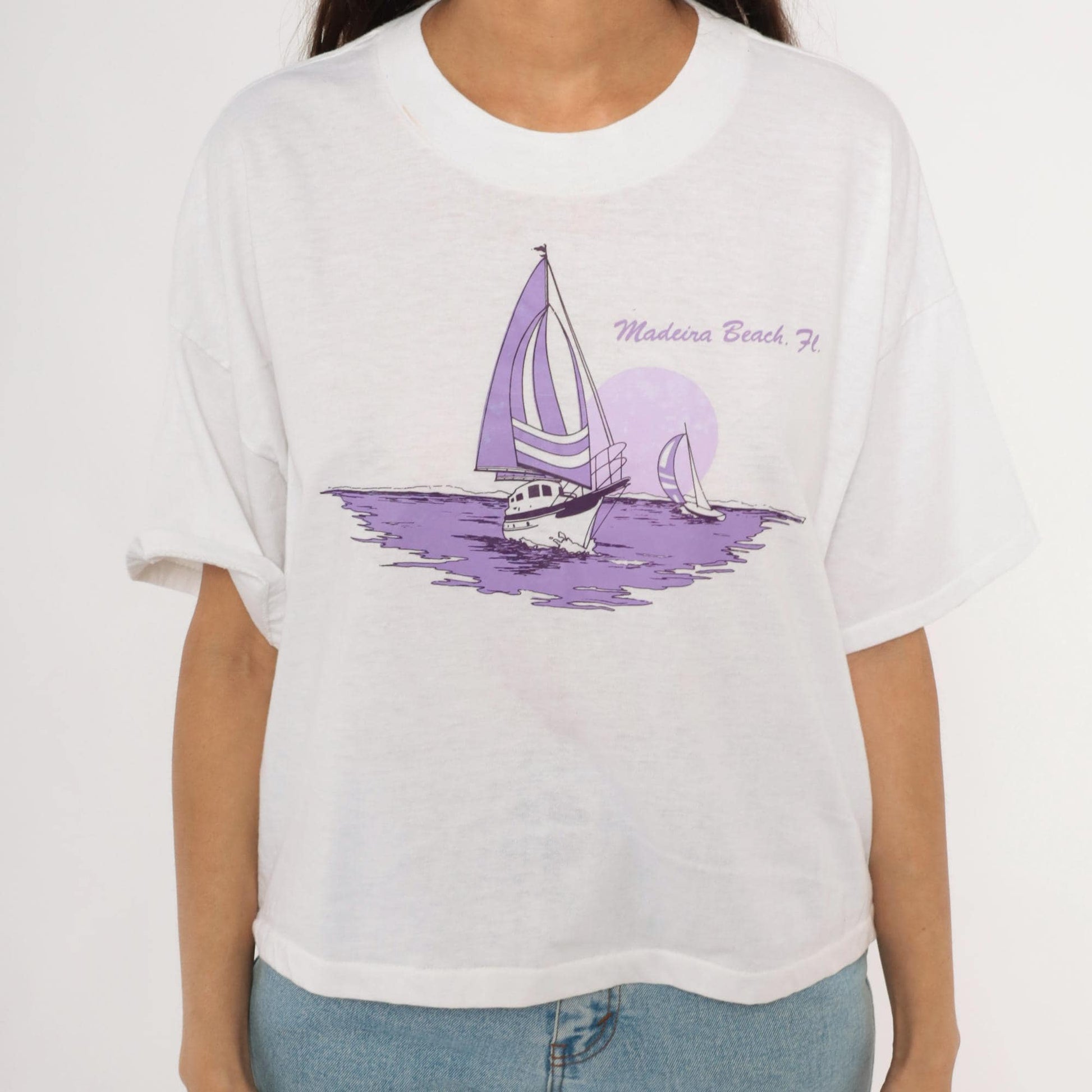 90s Ocean East Sportswear Sailboat Graphic Crop Tee White Purple One Size