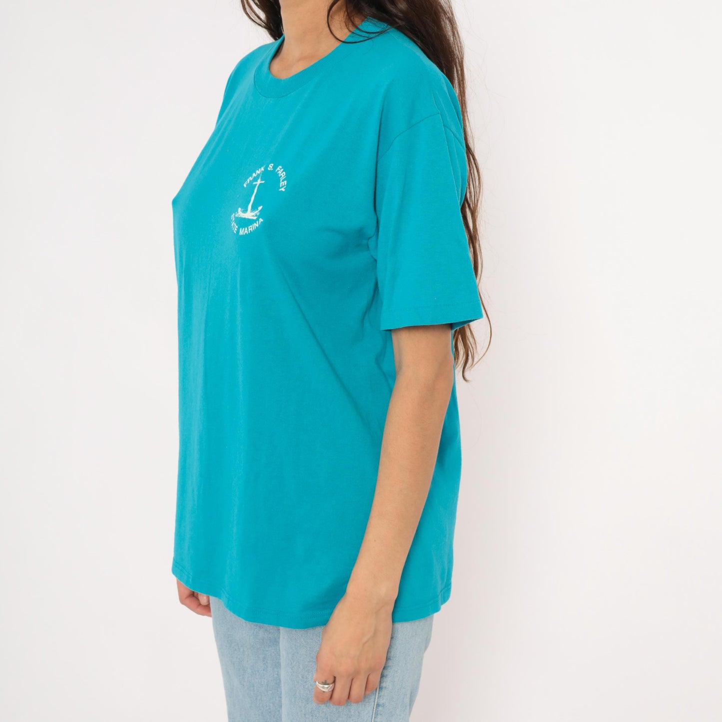 90s Jerzees Frank S. Farley State Marina Anchor Graphic Tee Teal Large L