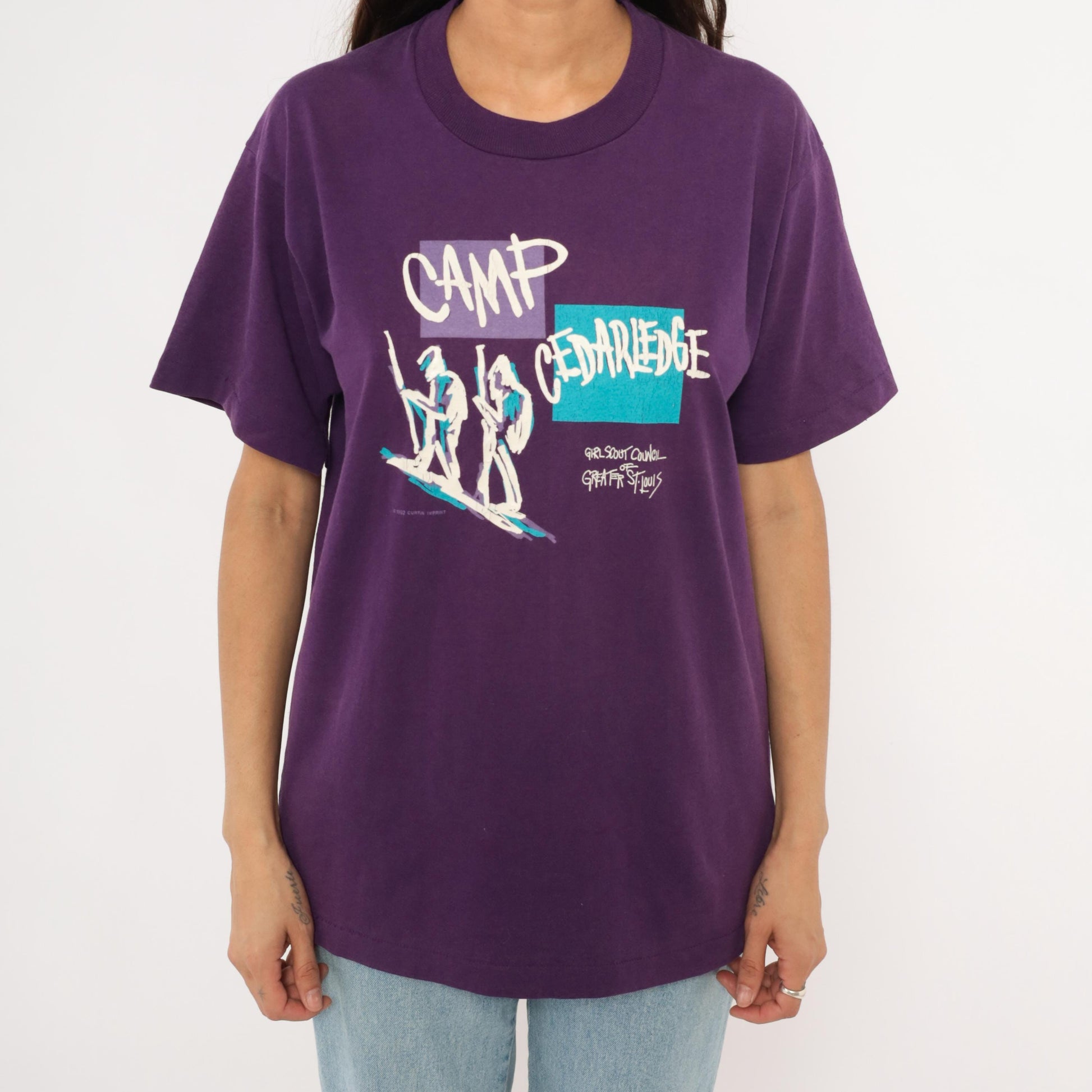 90s Girl Scout Camp Cedarledge Graphic Tee Purple Hiking Print Large L