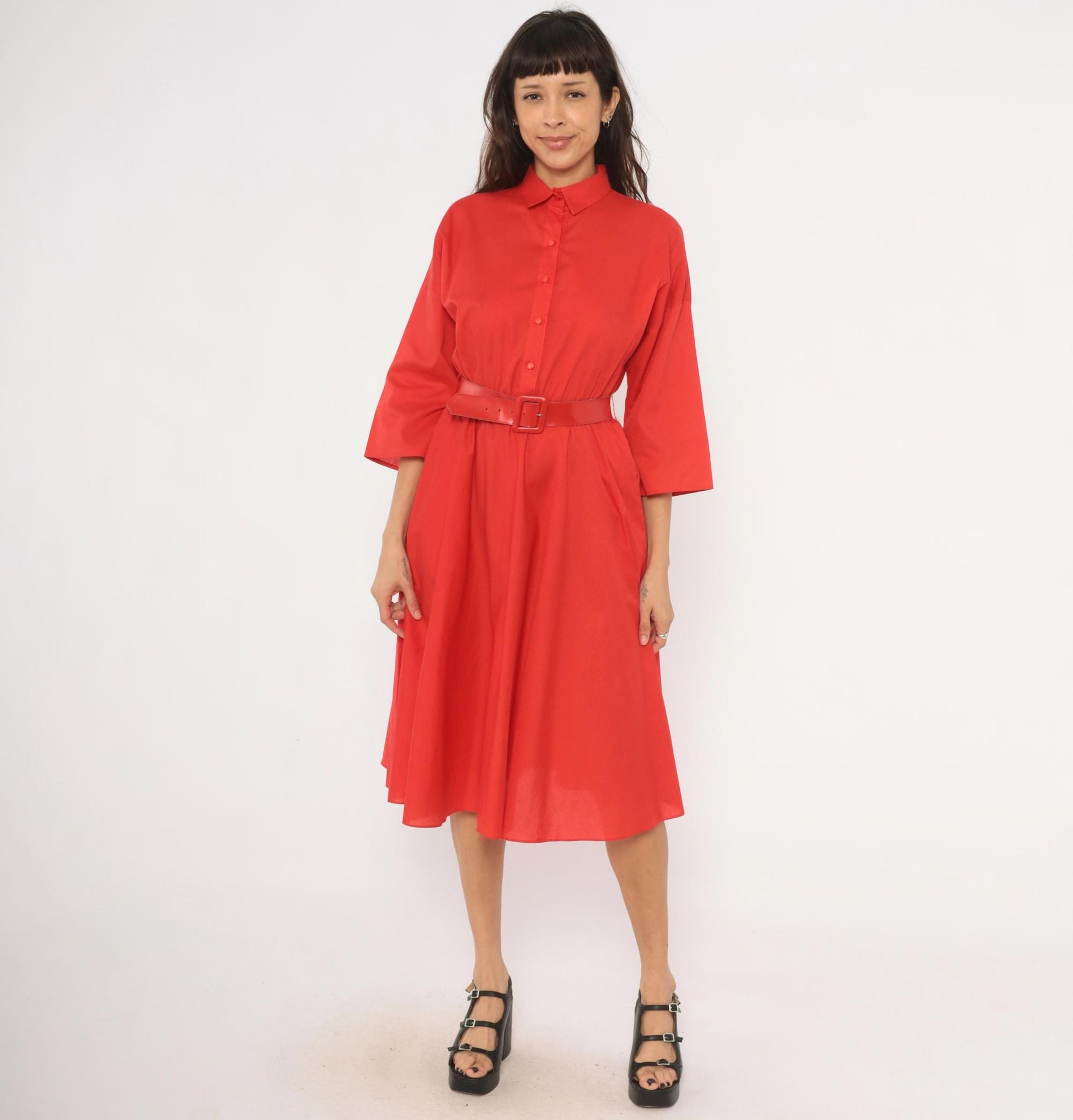 80s The American Shirt Dress Red Midi Button-Front Belted Waist Medium M