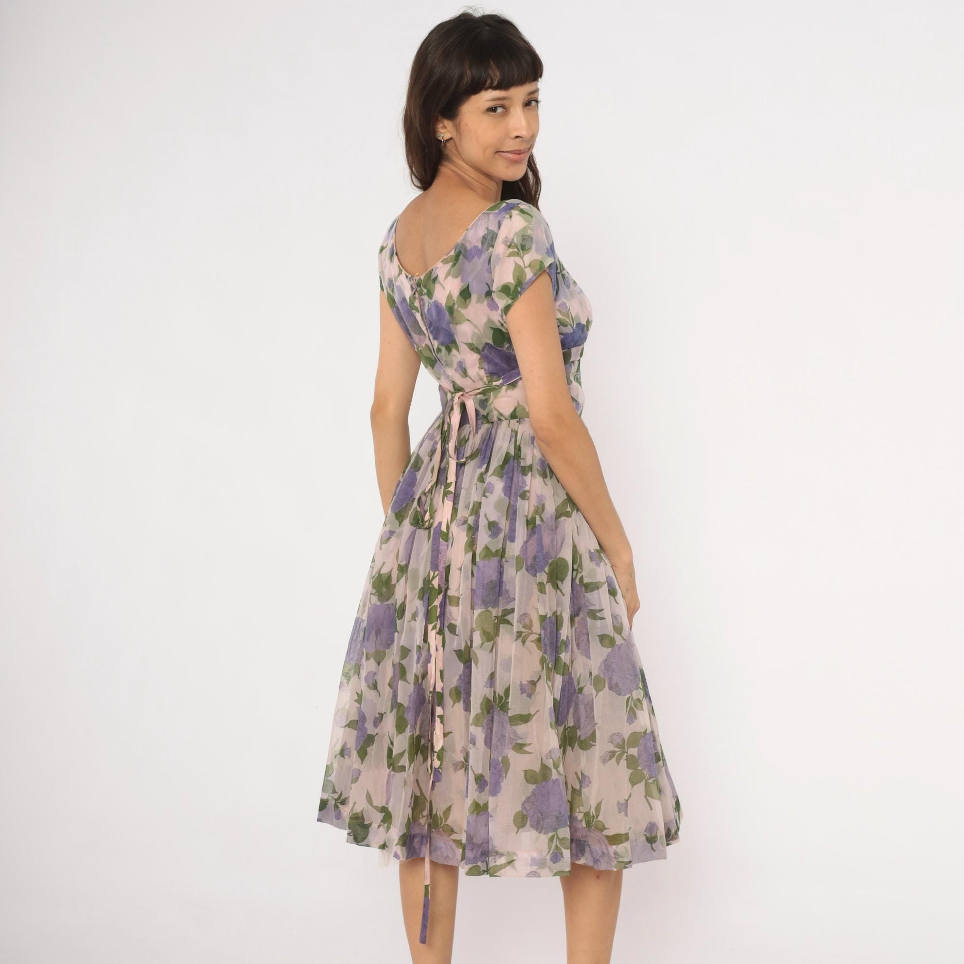 60s Lavender Floral Chiffon Dress Cap Sleeve Fit and Flare Purple Rose Small Medium