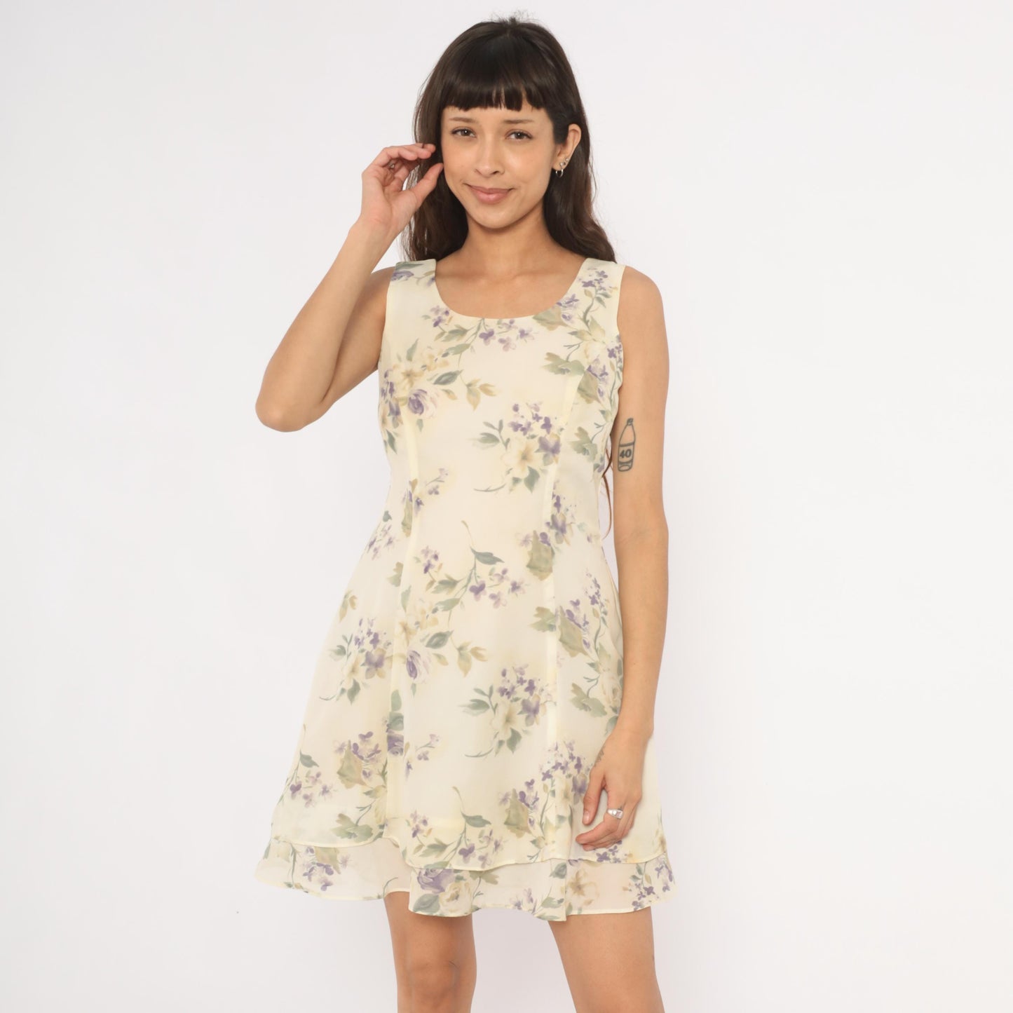 90s Scarlett Floral Chiffon Mini Dress Cream Crossback Scoop Neck Small S