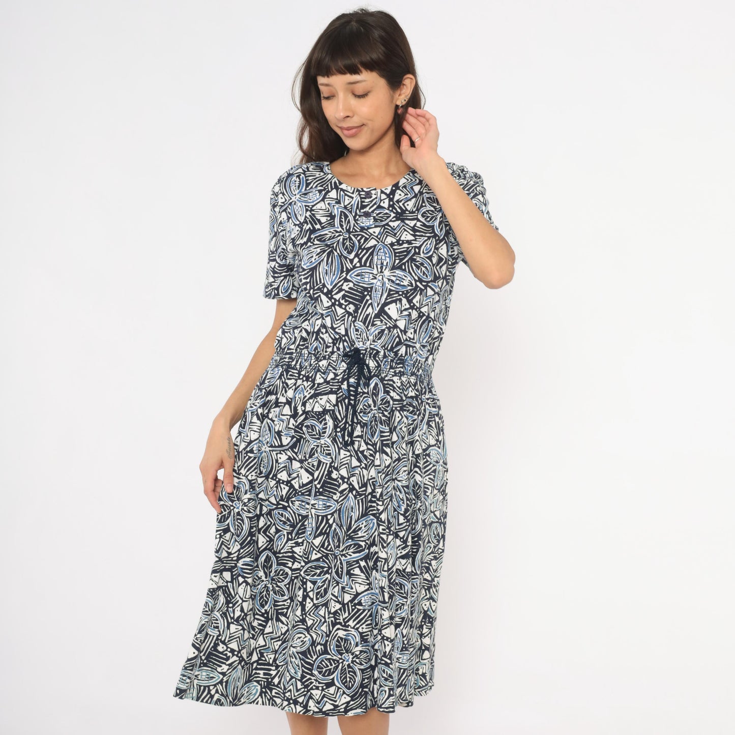 90s Via Sant Andrea Navy Floral Midi Dress Cotton Henley Button Short Sleeve Large L