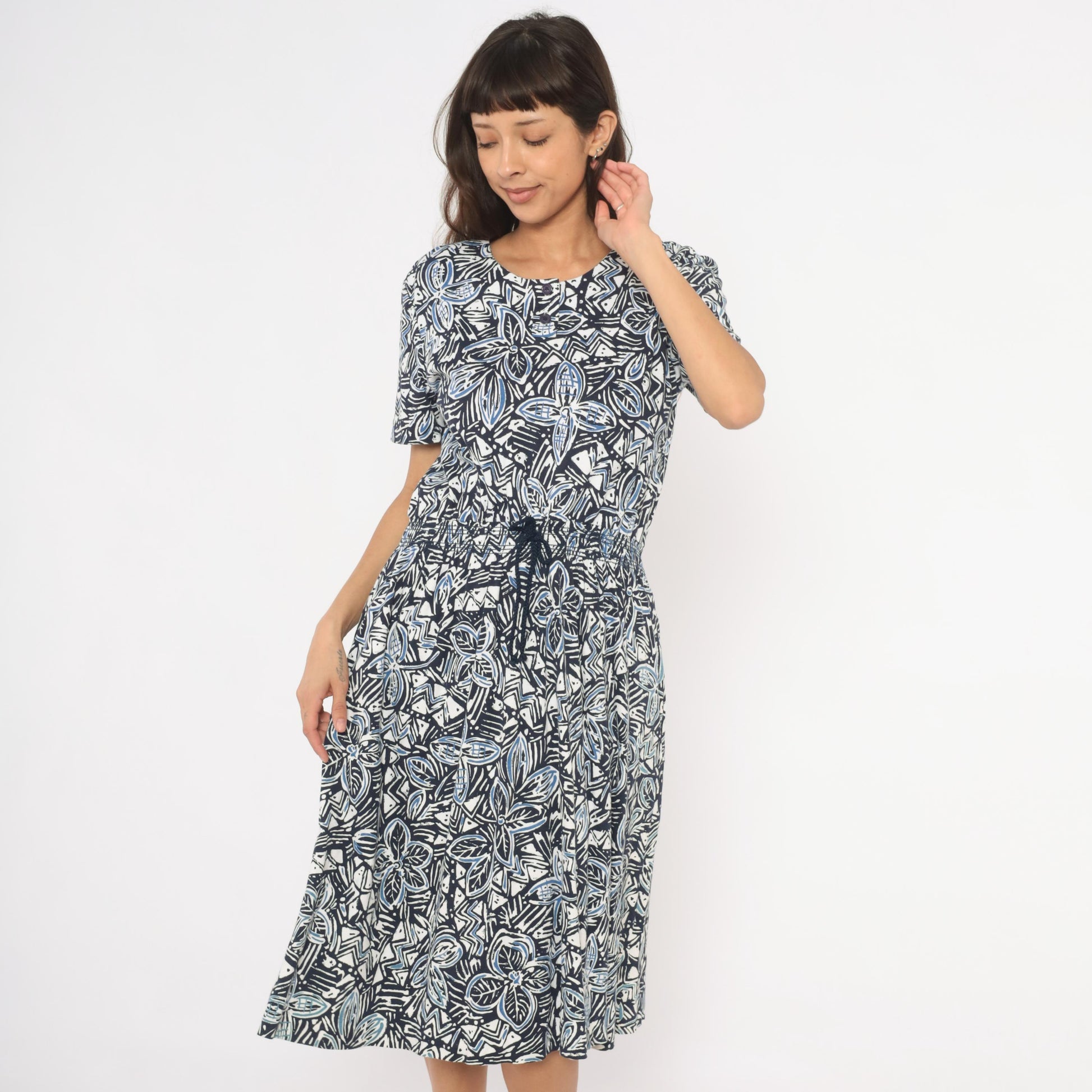 90s Via Sant Andrea Navy Floral Midi Dress Cotton Henley Button Short Sleeve Large L