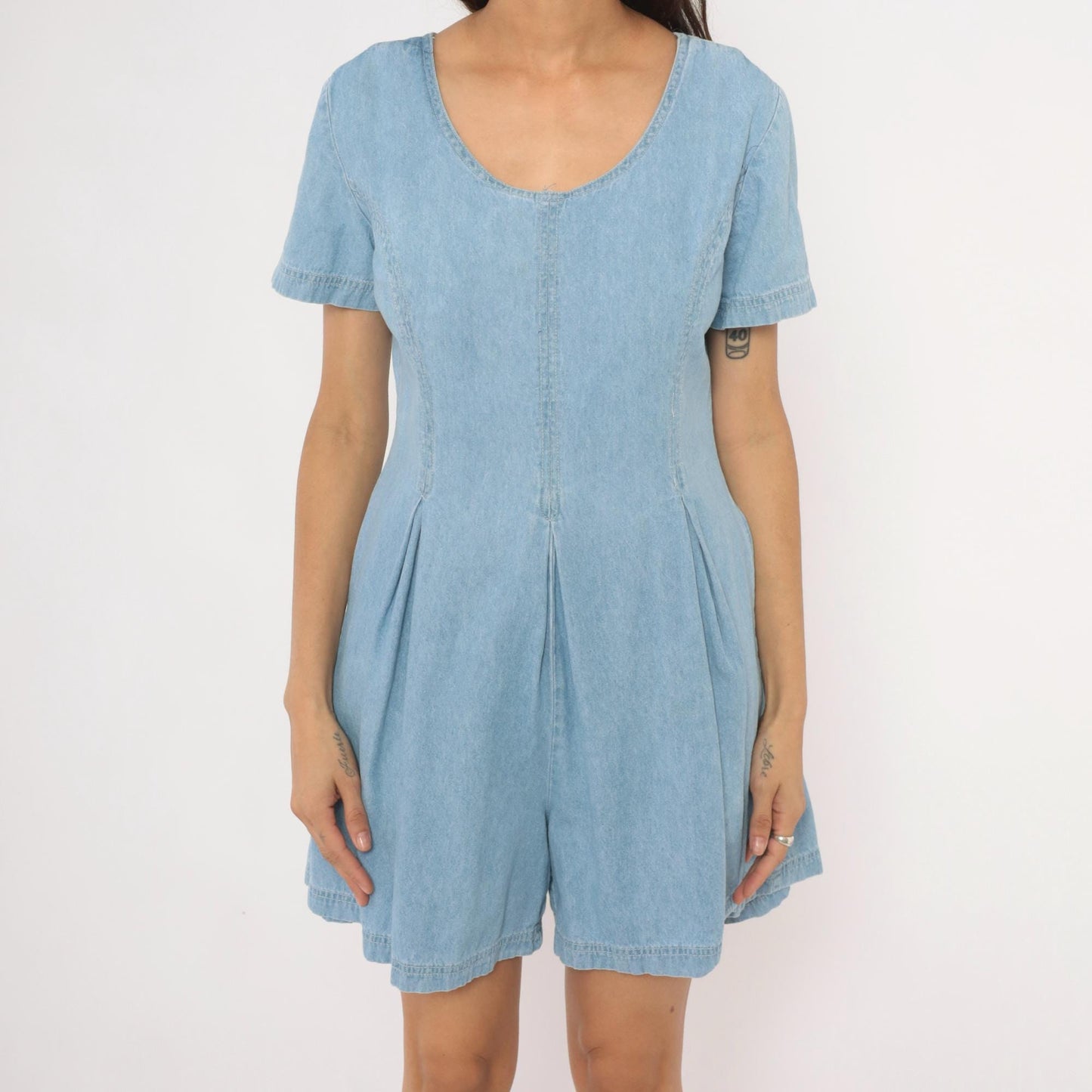 90s Styleworks Denim Romper Light Blue Scoop Neck Pleated Waist Medium M