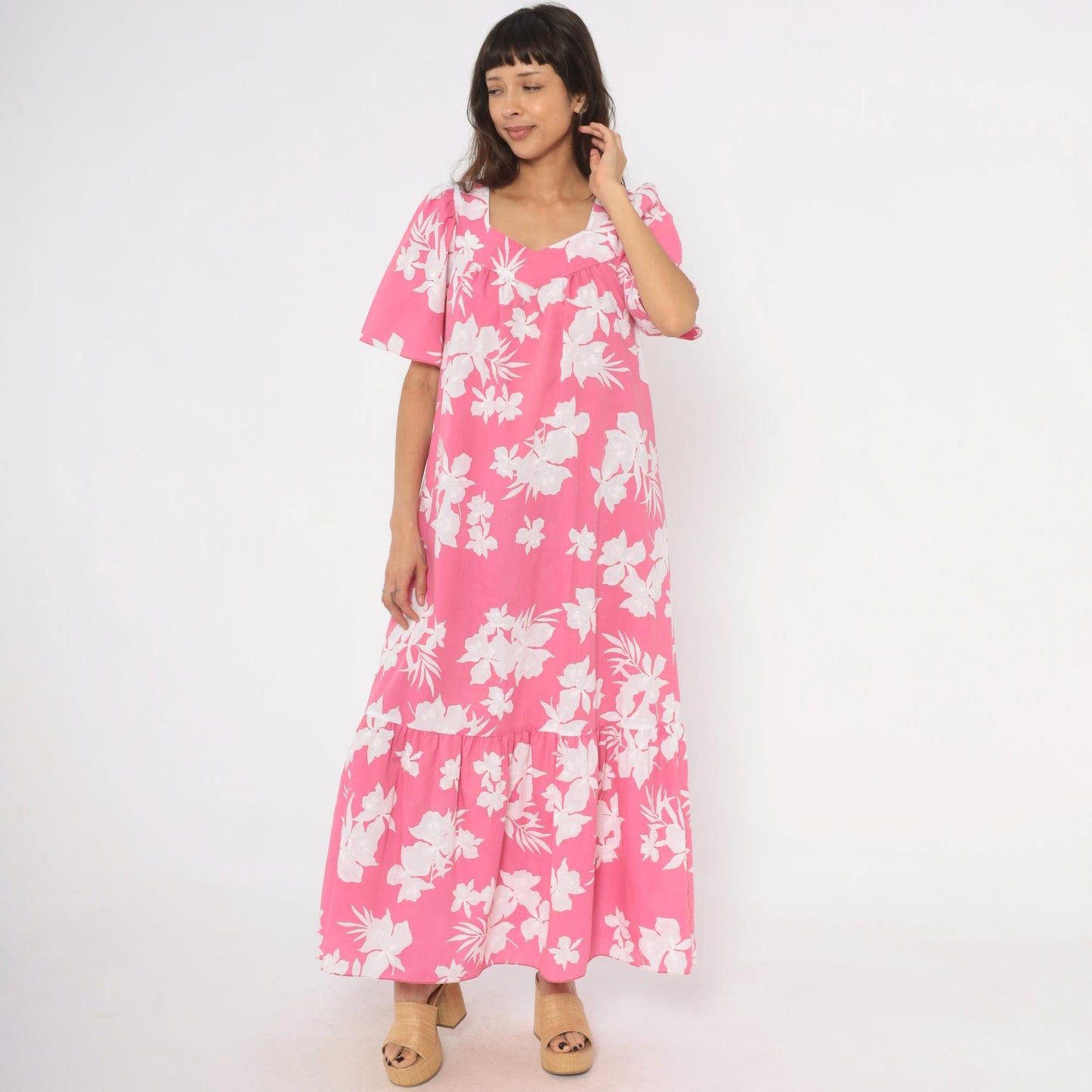 80s Pink Floral Maxi Dress Tropical Hibiscus Puff Sleeve Sweetheart Medium M