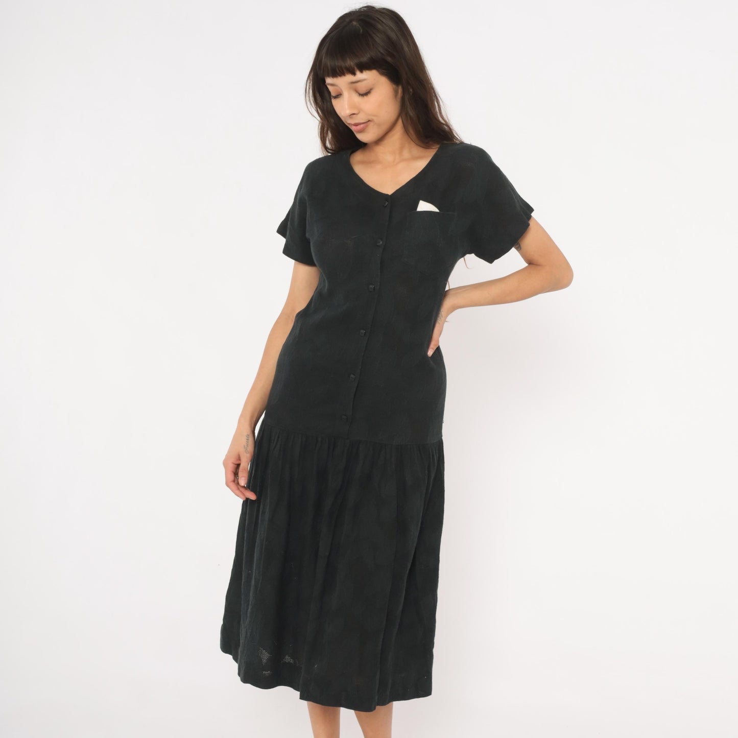 90s Black Cotton Midi Dress Button Front V Neck Drop Waist Small S