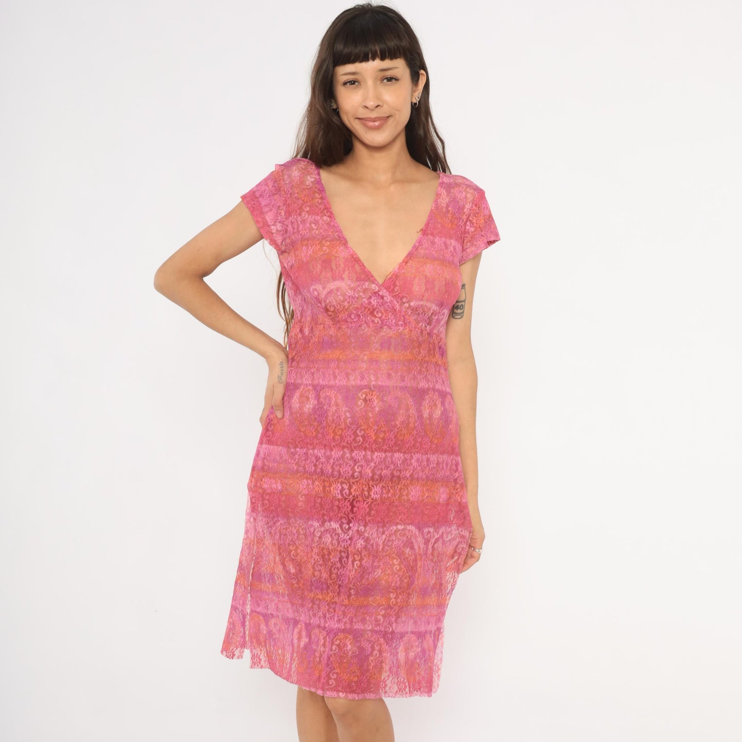 2000s Pink Ombre Floral Lace Dress V-Neck Wrap Bodice Knee Length Extra Large