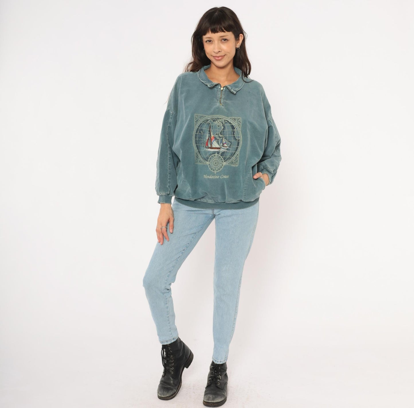 90s Sansegal Sportswear Mendocino Coast Sailboat Quarter-Zip Sweatshirt Grey Blue Medium